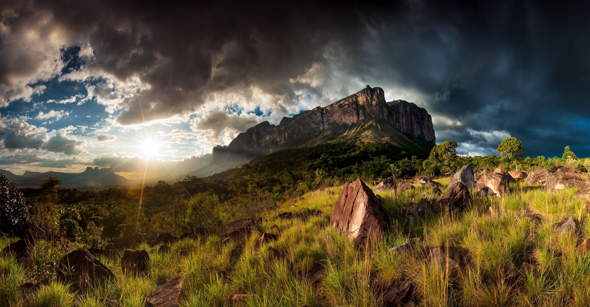 sunlight, trees, nature, sunset, panoramic, tranquil scene, clouds, lens flare, sun rays, land, cloud - sky, HDR, solid, sky, 1080P, rock - object, grass, HD Wallpaper
