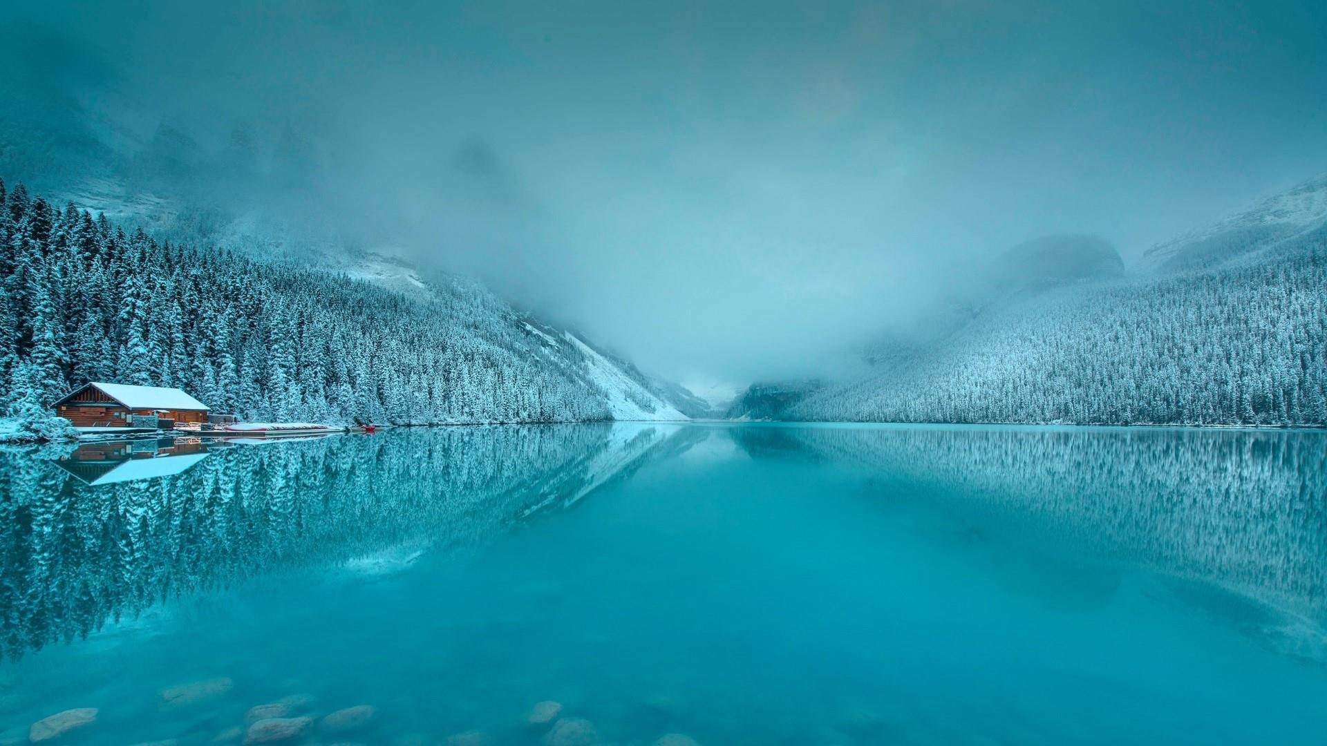 1080P, misty, freezing, mist, snow, alberta, banff national park, lake louise, canadian rockies, reflection, fog, mountain, ice, canada, nature, log cabin, HD Wallpaper