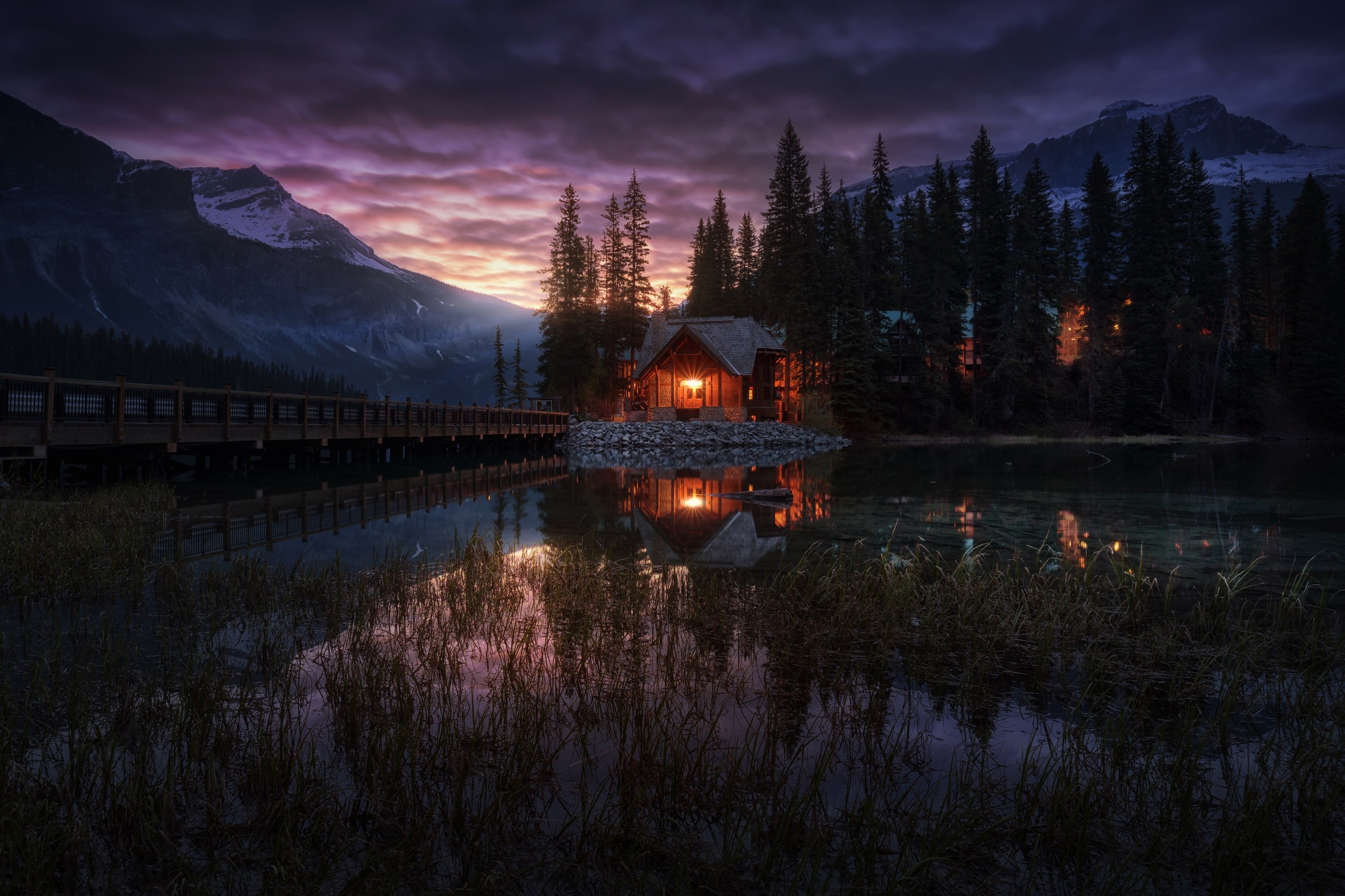 water, Yoho national Park, tranquil scene, plant, trees, lake, waterfront, mountains, the evening, lights, Emerald Lake, cabin, cloud - sky, illuminated, HD Wallpaper