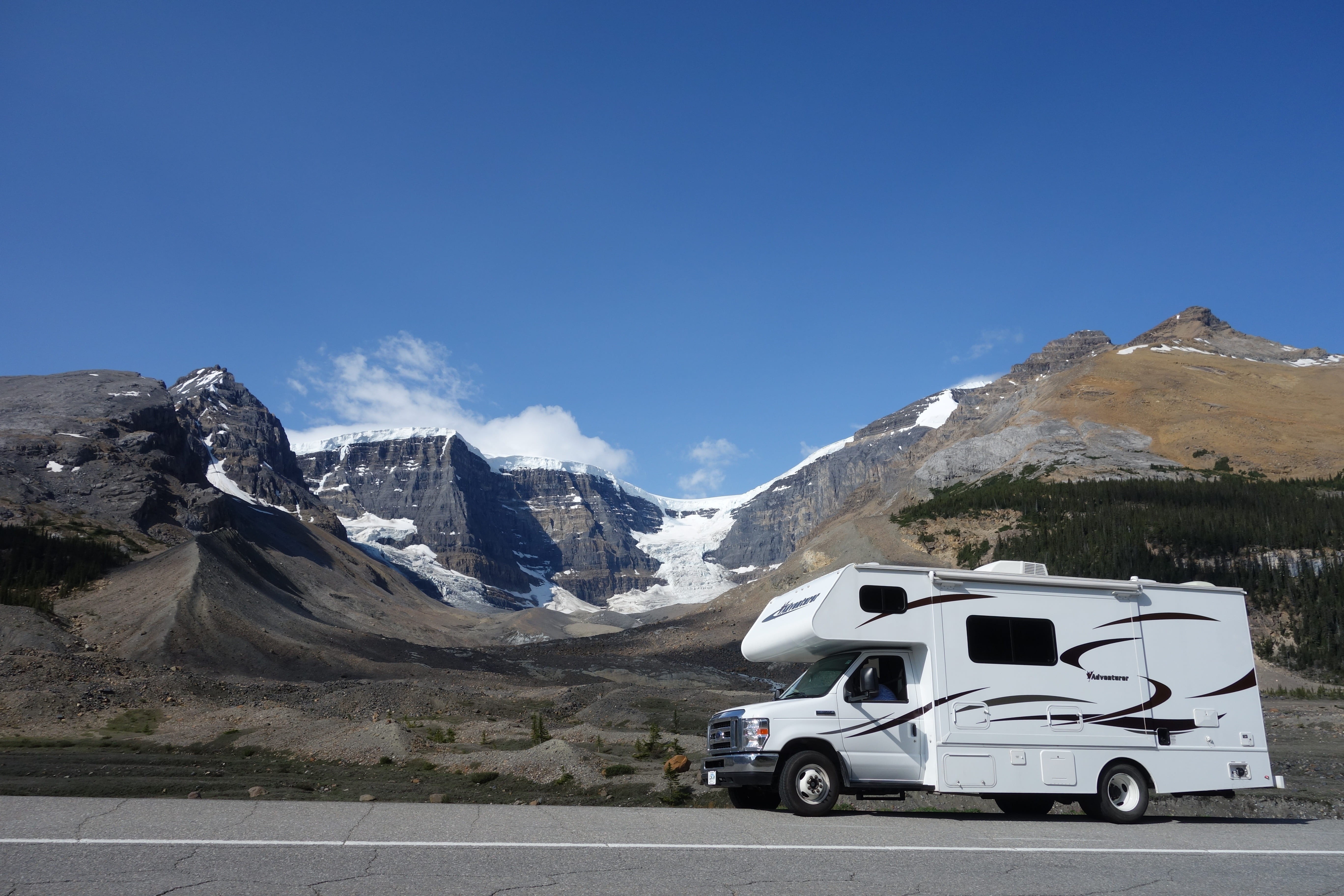 land vehicle, mountain, transportation, snowcapped mountain, camper, british columbia, jasper, camping, cold temperature, rv, sky, icefields, day, passing, HD Wallpaper