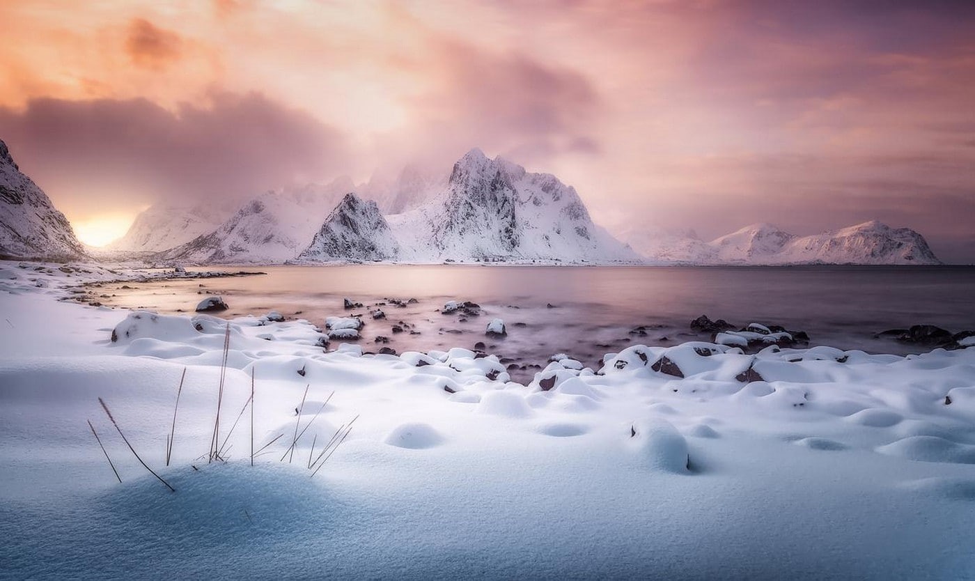 mountains, clouds, scenics - nature, environment, sunlight, Lofoten Islands, Norway, fjord, winter, beauty in nature, 720P, sky, cloud - sky, landscape, HD Wallpaper