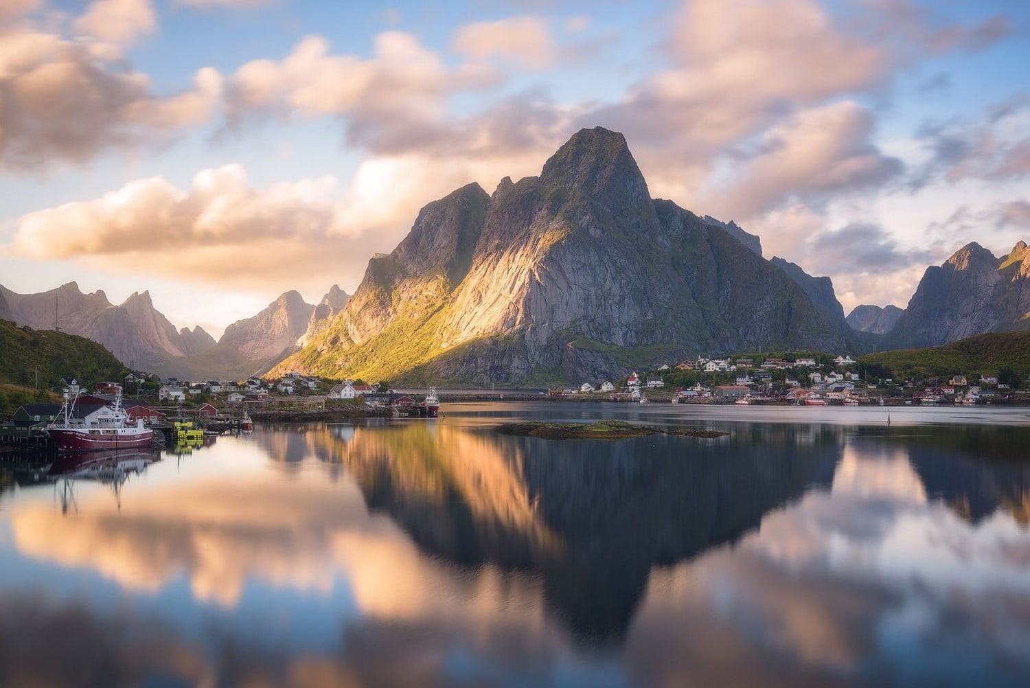 summer, tall, nature, cloud - sky, mountain, transportation, digital, idyllic, no people, boats, sunlight, mountain peak, Lofoten Islands, calm, tranquility, HD Wallpaper