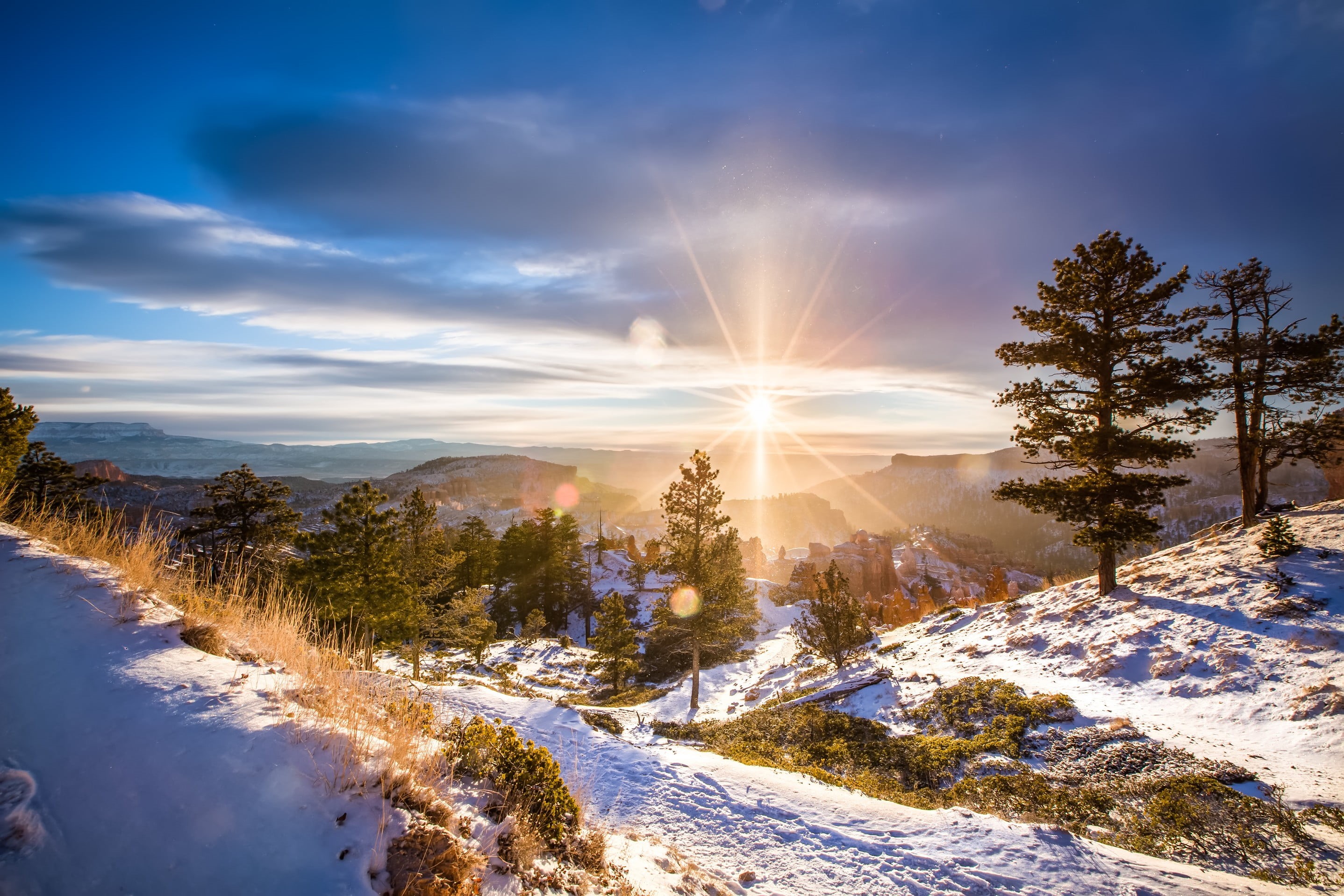 snow, snowcapped mountain, cloud - sky, sunlight, covering, nature, environment, winter, sky, plant, tree, beauty in nature, covered, sunbeam, tranquil scene, HD Wallpaper