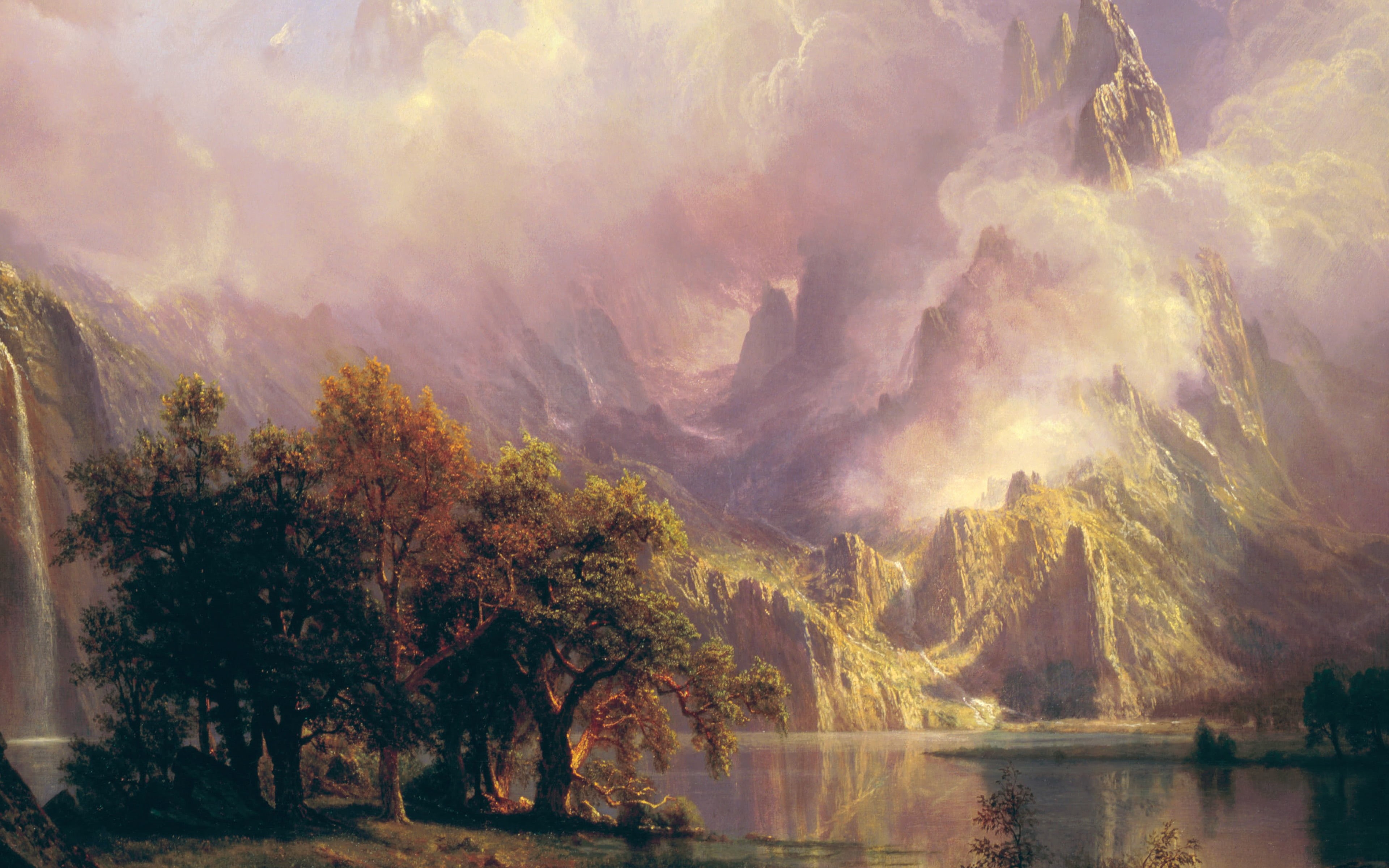 sky, tranquility, water, tranquil scene, scenics - nature, bierstadt, autumn, beauty in nature, art, reflection, albert, mountain, environment, painting, HD Wallpaper