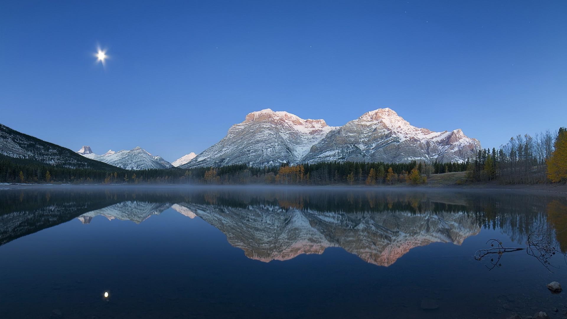 landscape reflection pictures, mountains, pictures, moon, lakes, forests, reflection, scenery, landscape, 1080P, night, HD Wallpaper