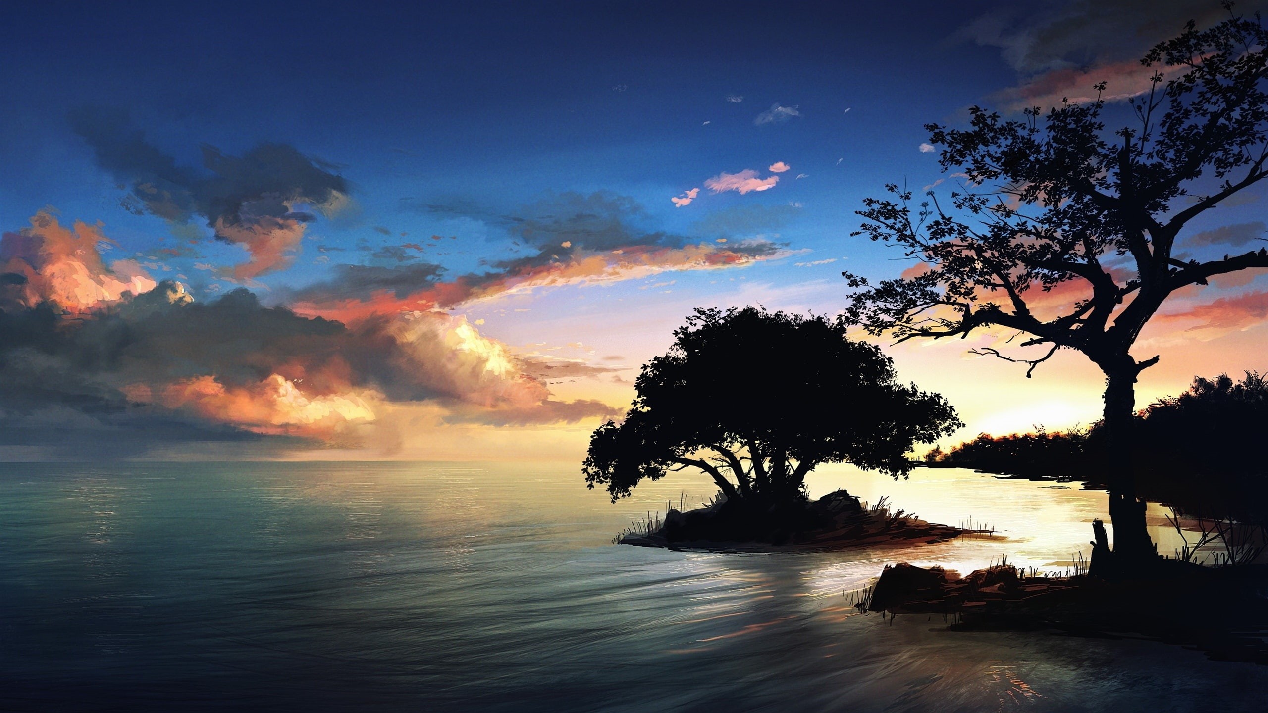 Clouds, 2K, Lake, Trees, Painting, Night, Scenery, Nature, HD Wallpaper