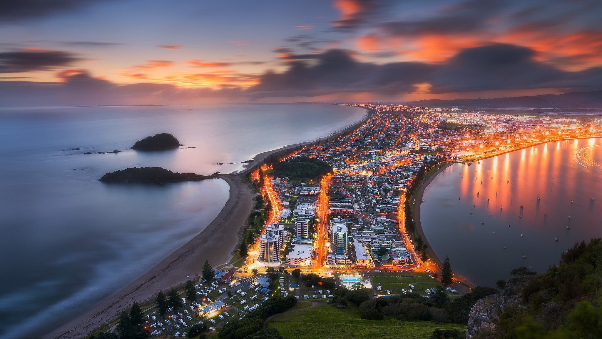 New Zealand, sunset, Tauranga, lights, 1080P, HD Wallpaper