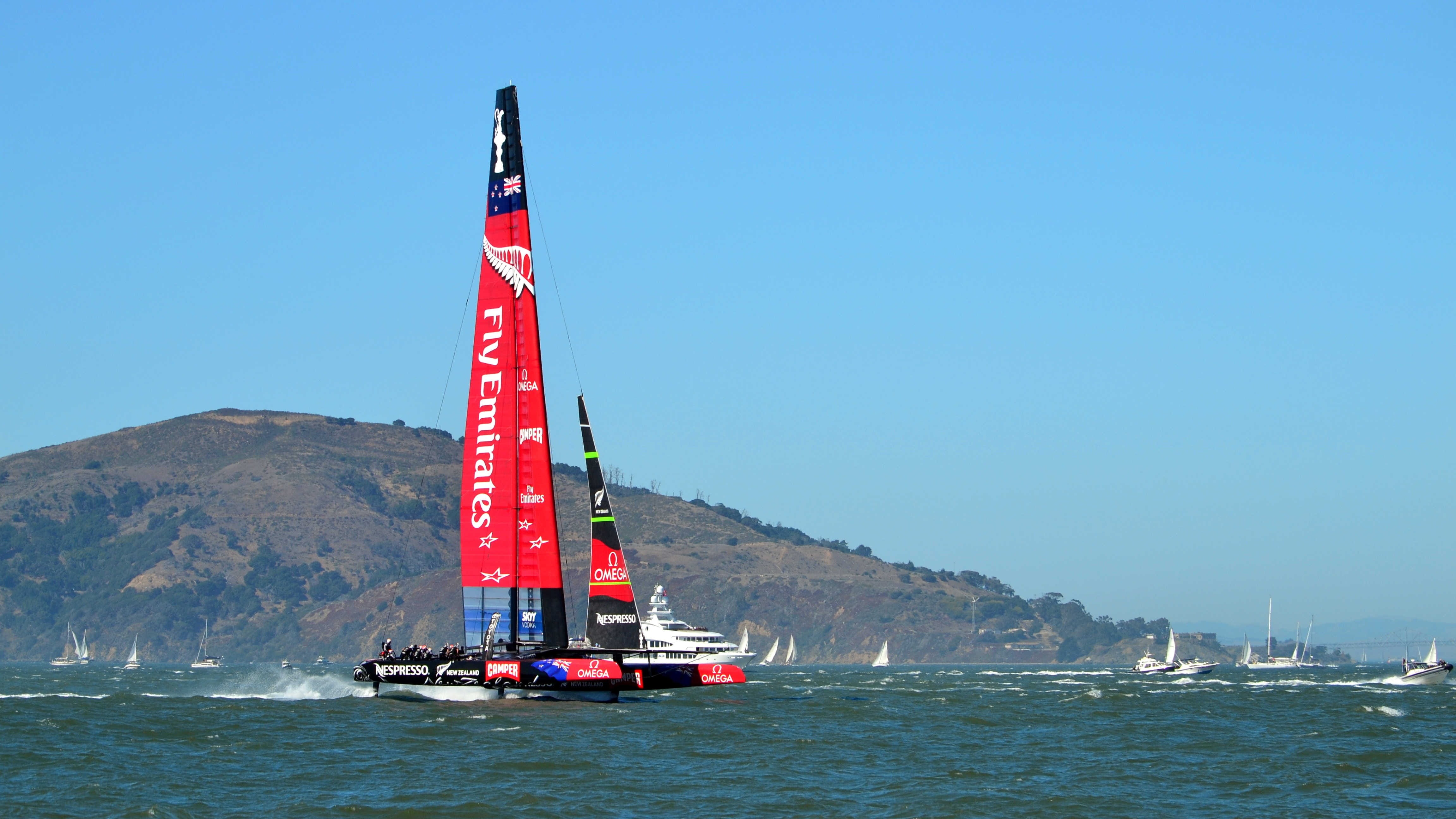 sky, sailboat, built structure, no people, building exterior, nature, sea, red, san francisco bay, foiling, catamaran, flag, sailing, clear sky, beauty in nature, HD Wallpaper