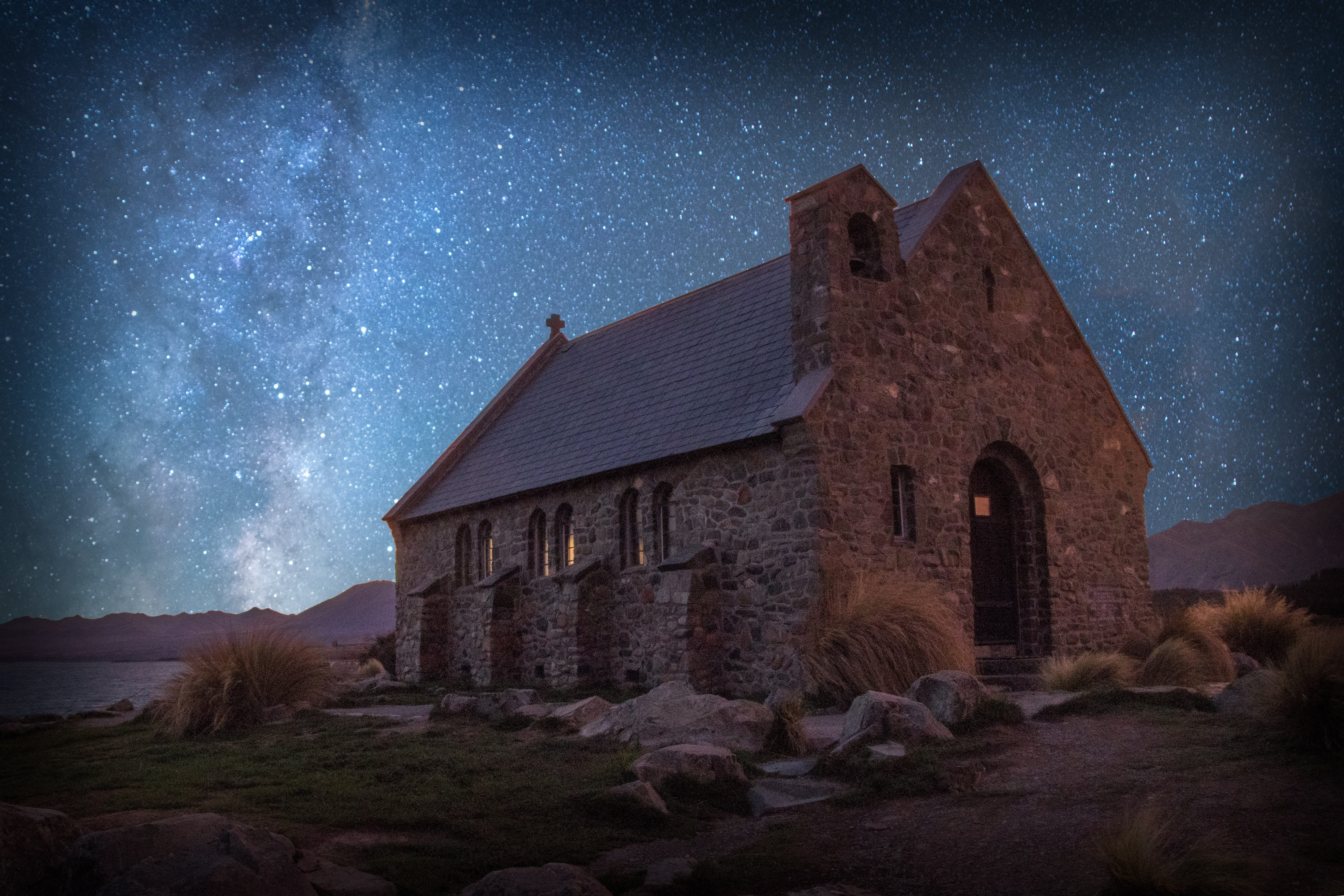 milky way, building, built structure, galaxy, lake tekapo, building exterior, scenics - nature, night, star field, place of worship, sky, architecture, HD Wallpaper