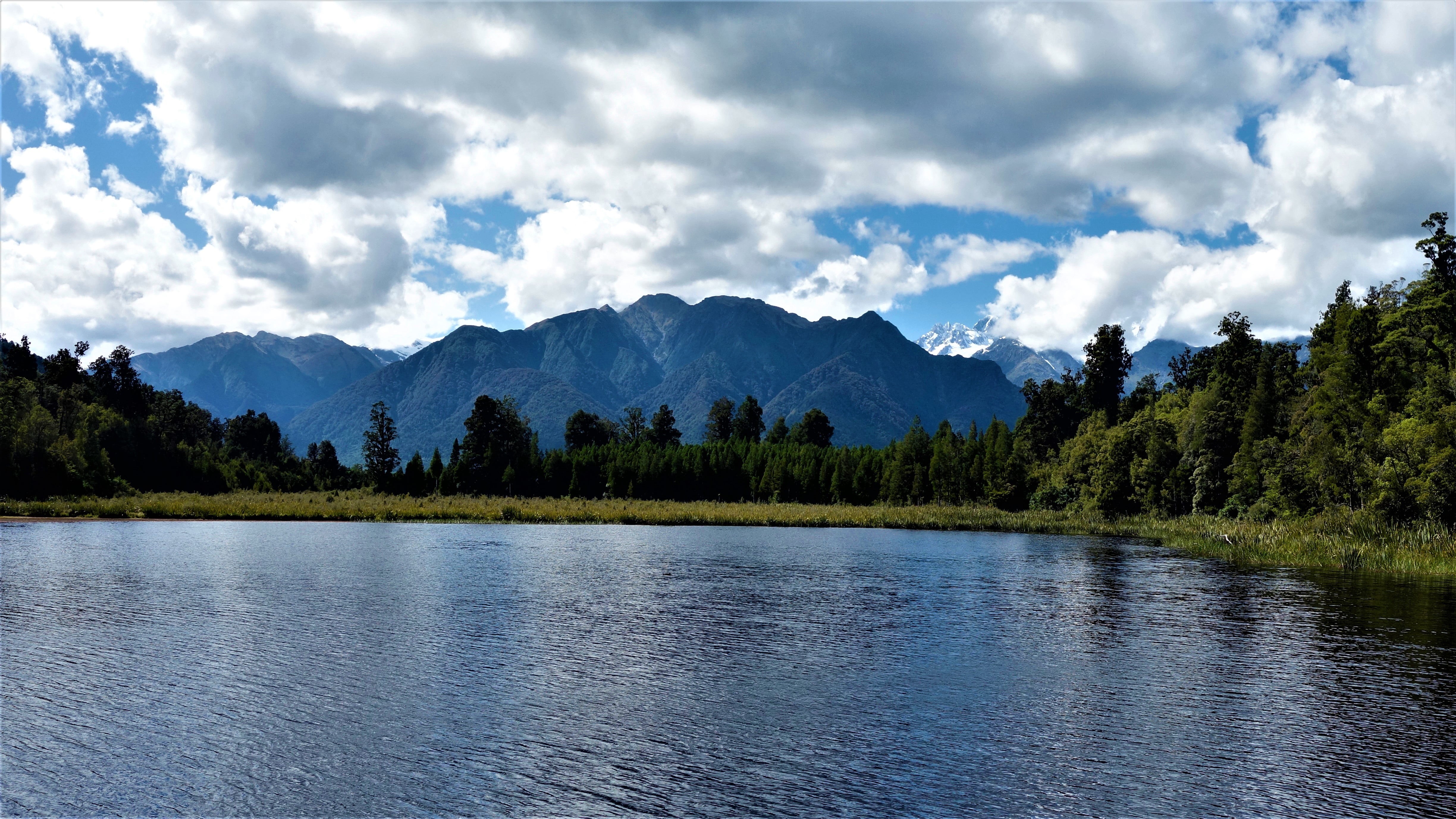 concrete, blue, tranquility, no people, tree, plant, Lake Matheson, sky, Jetty Viewpoint, cloud - sky, white, pine woodland, water, beauty in nature, day, HD Wallpaper