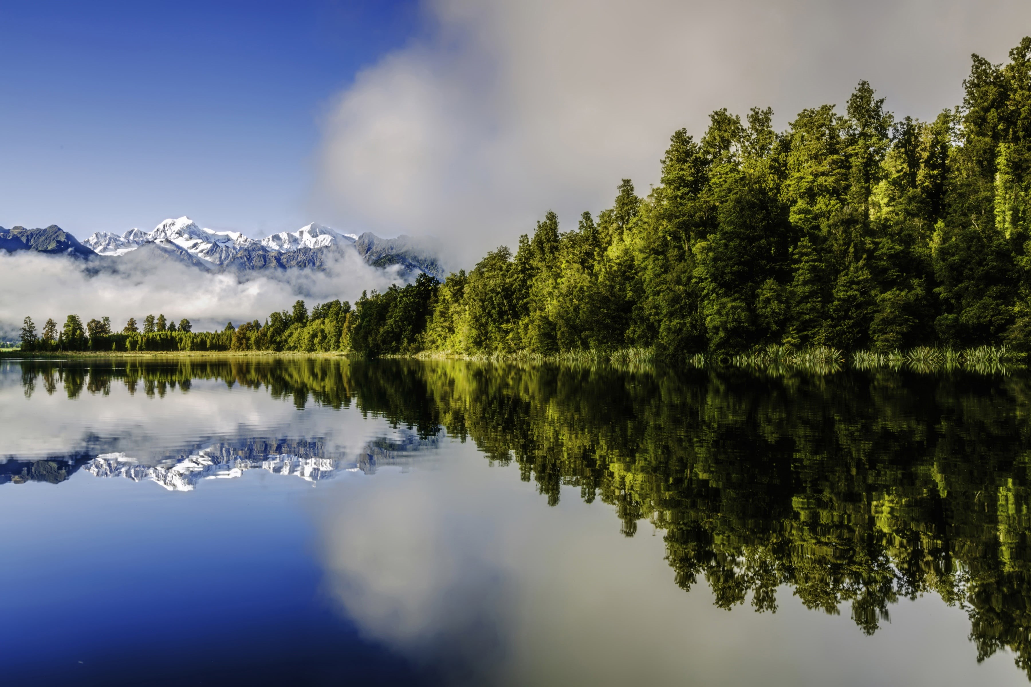 New Zealand, mountains, reflection, Southern Alps, Lake Matheson, lake, 2K, forest, HD Wallpaper