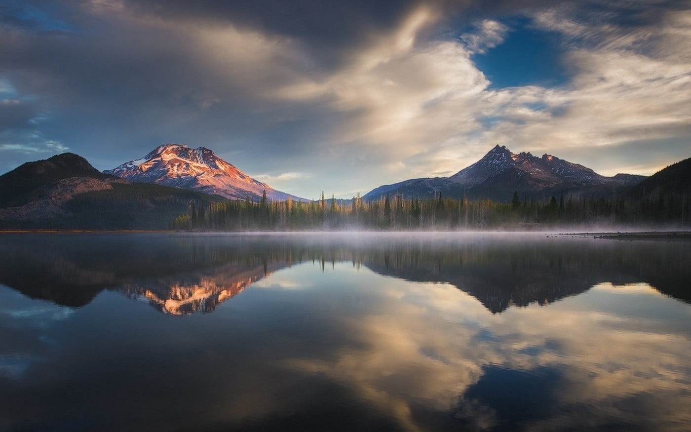tranquil scene, reflection, sky, forest, landscape, non-urban scene, 720P, tranquility, body, mountain, day, mountain range, mountains, mountain peak, HD Wallpaper