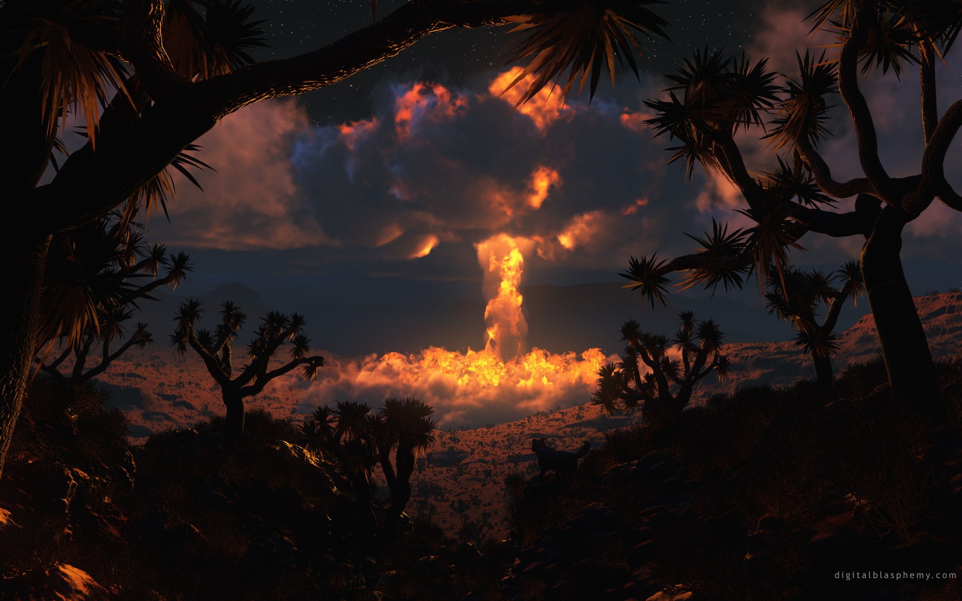 desert, explosions, landscapes, nuclear, digital, art, nature, blasphemy, 1080P, HD Wallpaper