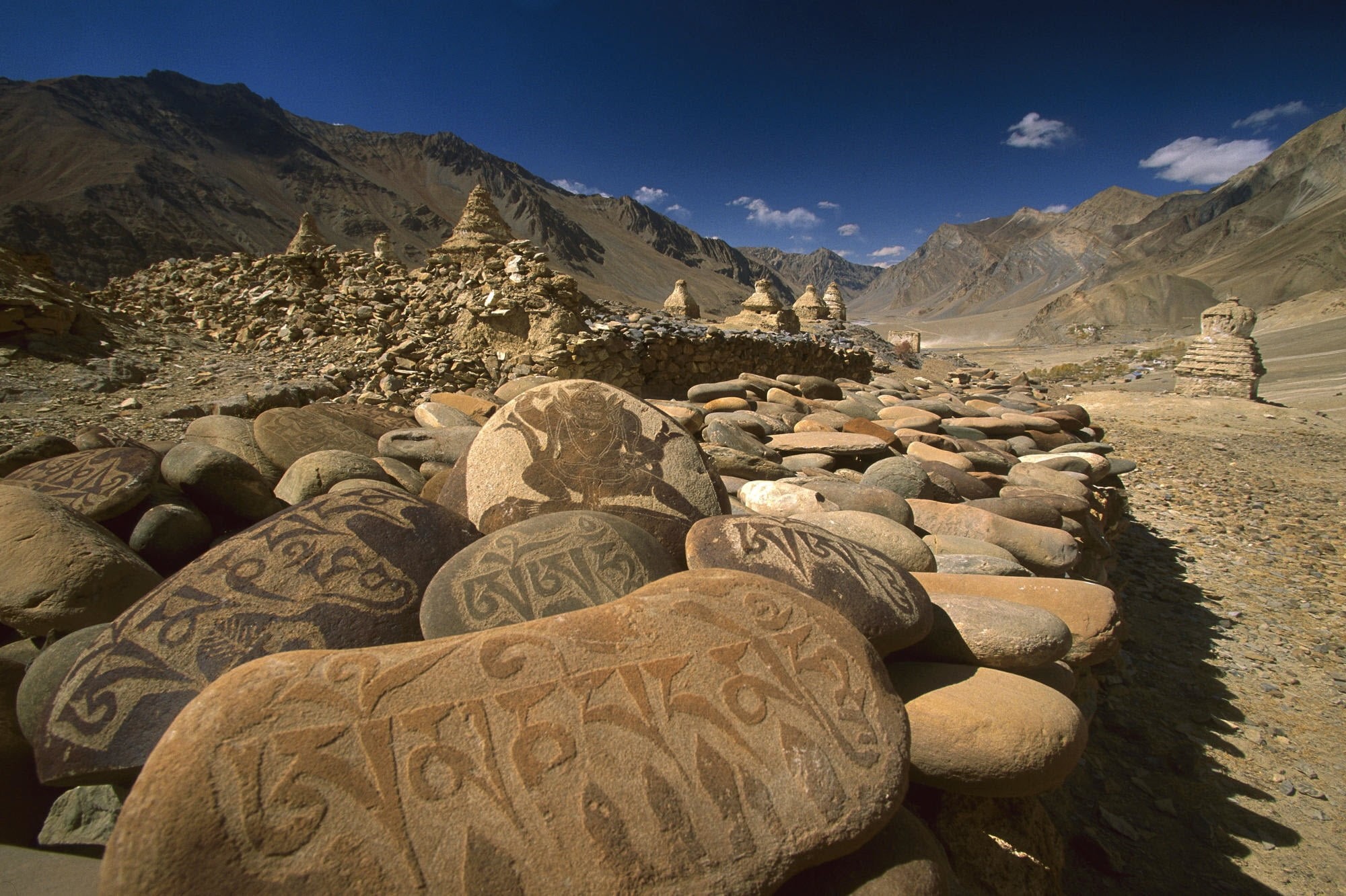 tibet, snow, scenics, stone - Object, india, 1080P, climate, tranquility, tranquil scene, stone, famous Place, rock - Object, blue, leh Village, himalayas, HD Wallpaper