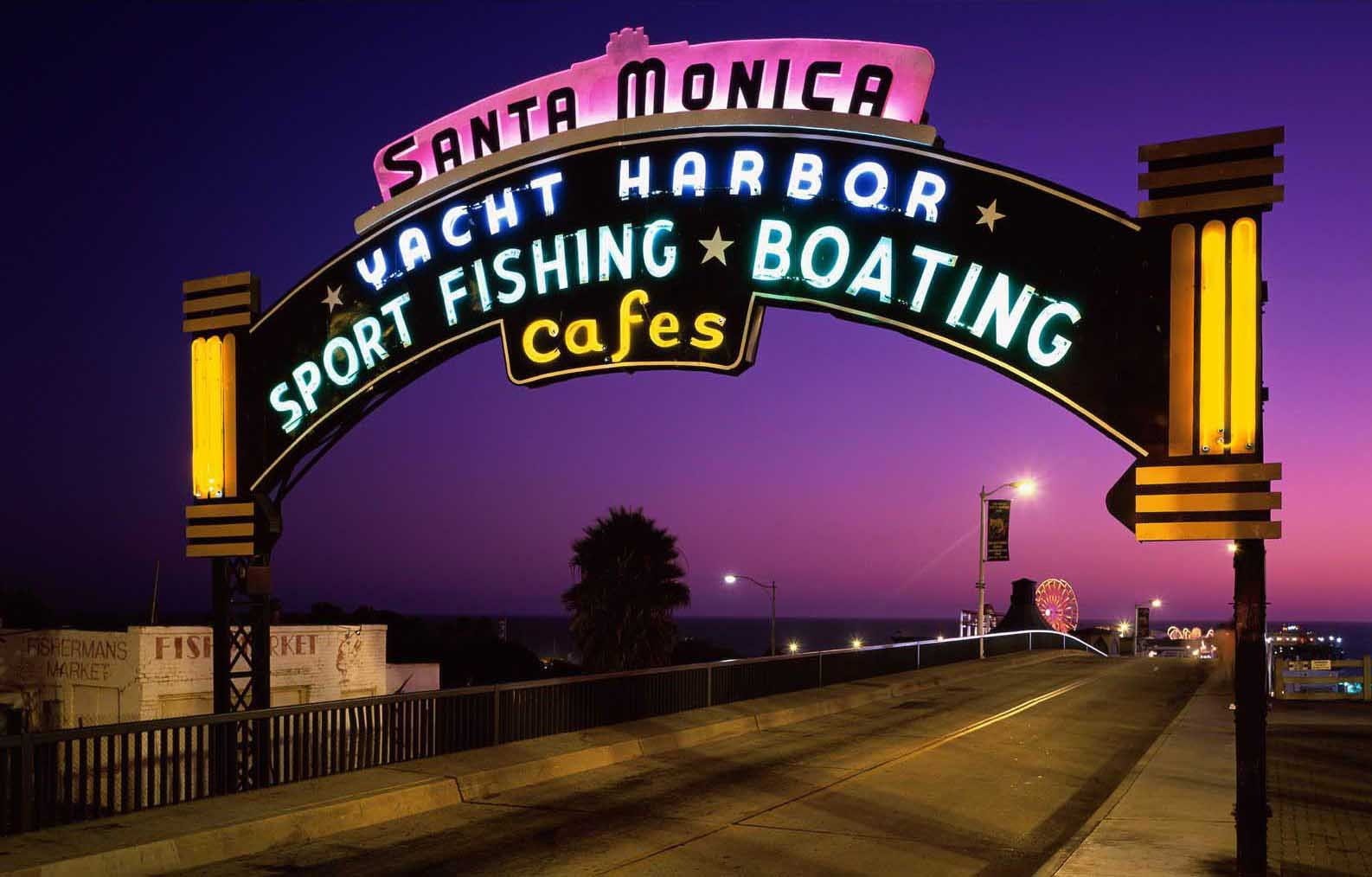 road, Los Angeles, information, city, dusk, architecture, no people, outdoors, pier, communication, night, santa monica, arts culture and entertainment, HD Wallpaper