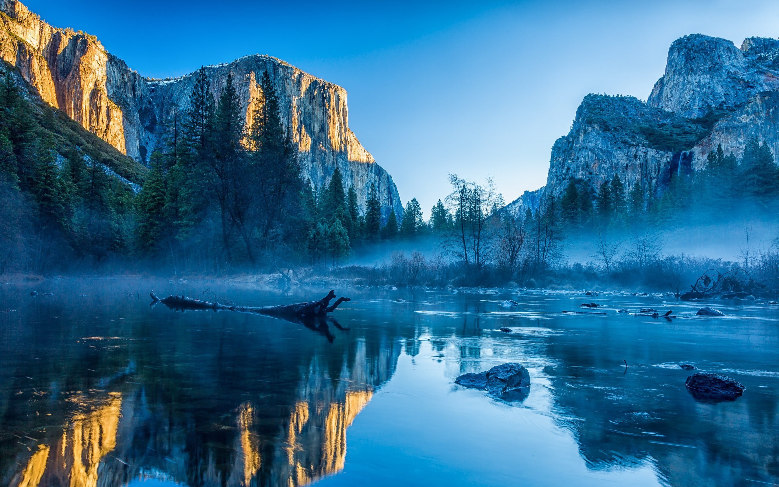 water, Yosemite Valley, 2K, river, California, mist, nature, landscape, trees, Apple Inc., Yosemite National Park, USA, reflection, OS X, HD Wallpaper