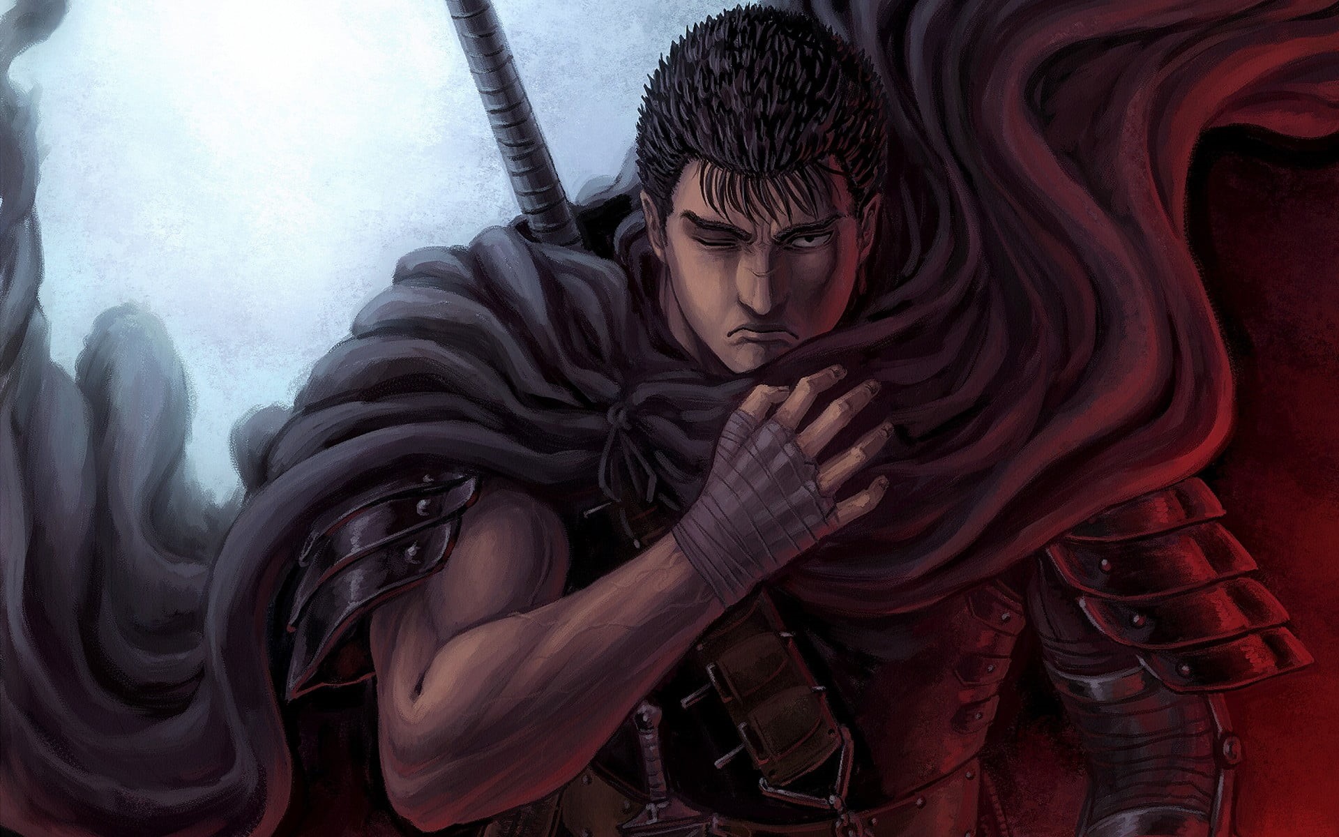 young men, one person, leisure activity, scarf, looking at camera, Guts, men, 1080P, warrior, waist up, casual clothing, anime, front view, Berserk, indoors, HD Wallpaper