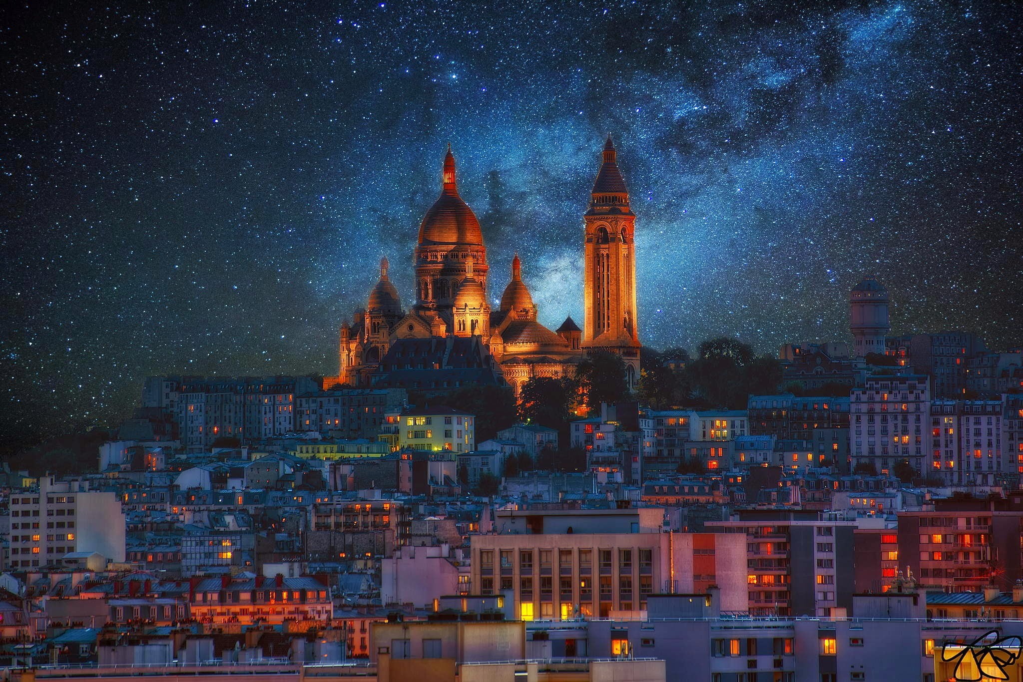 illuminated, outdoors, spirituality, tower, skyscraper, office building exterior, stars, Paris, space, night, no people, star - space, cityscape, HD Wallpaper