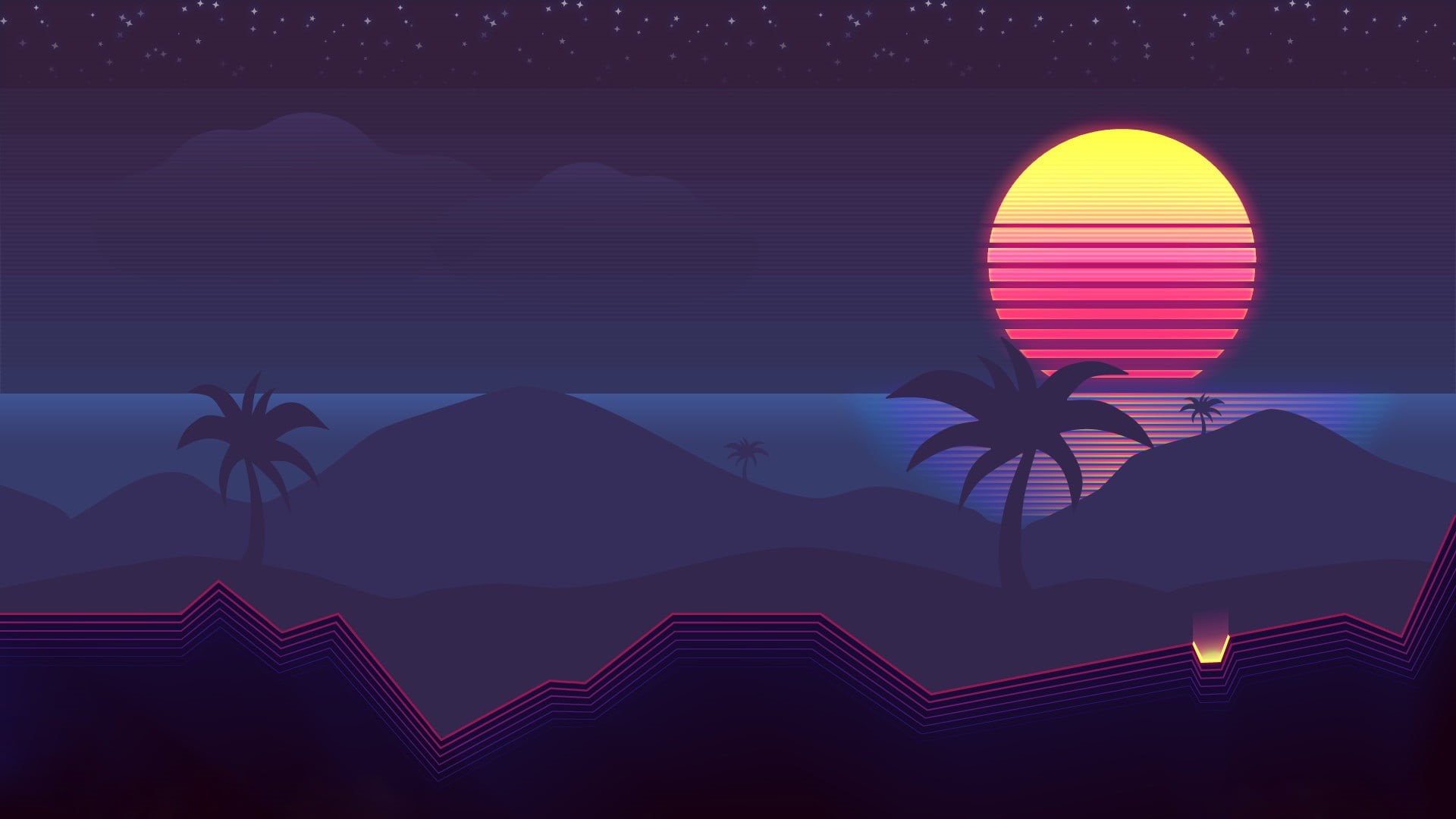 digital art, Sun, landscape, Retrowave, synthwave, palm trees, 1080P, HD Wallpaper