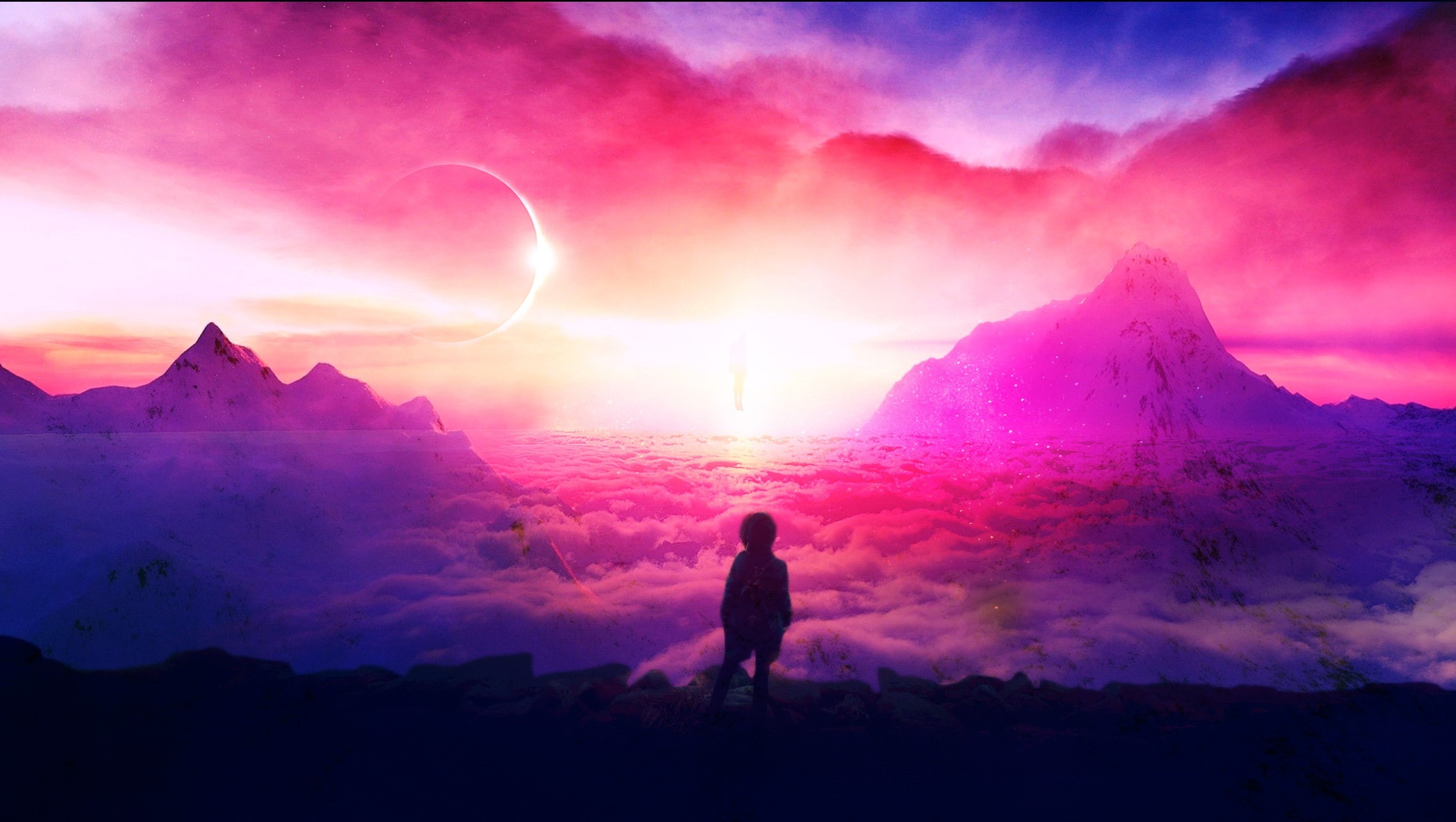 sunset, surreal, space, eclipse, 1080P, mountains, solar eclipse, HD Wallpaper