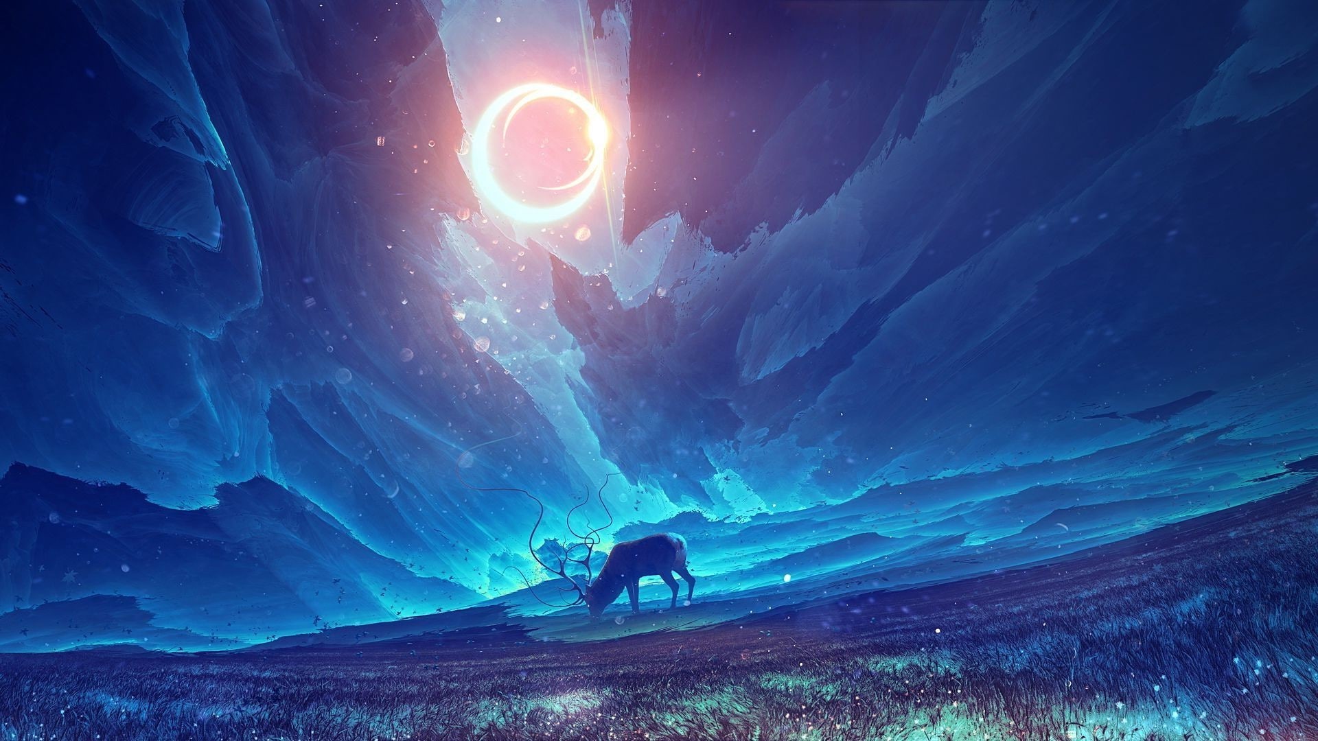 environment, mountain, silhouette, beauty in nature, mountain peak, people, lens flare, scenics - nature, 1080P, men, snow, landscape, sky, outdoors, artwork concept art fantasy art elk sunlight field solar eclipse, HD Wallpaper