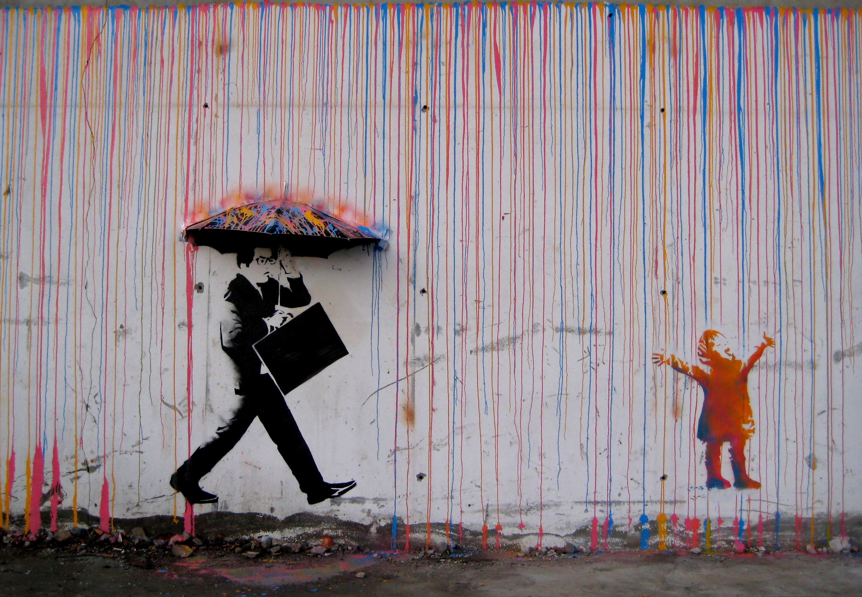 painting, wall - Building Feature, Skurtur Design, paint, rain, umbrella, 2K, red, dirty, outdoors, old, urban Scene, mural, Raining Paint In Norway, Trondheim, HD Wallpaper
