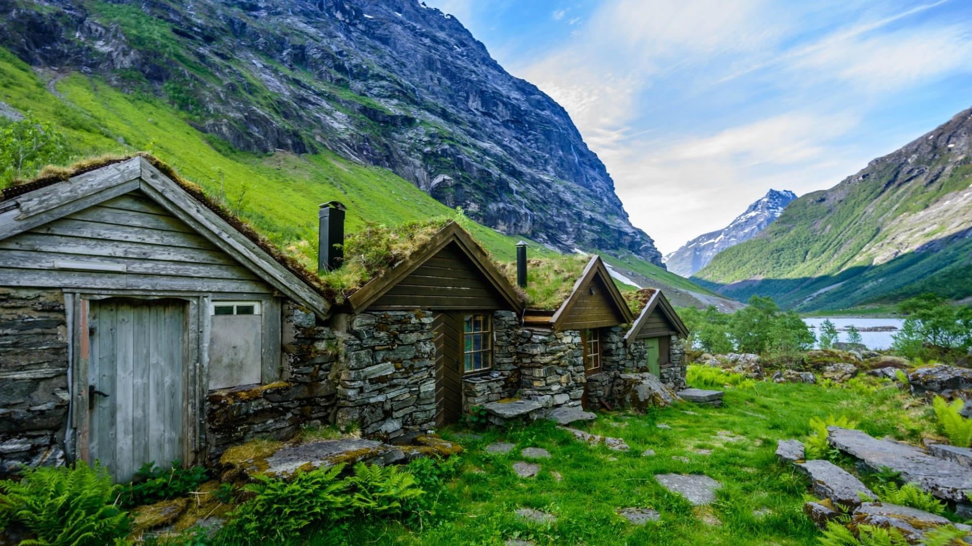1080P, mountains, green color, plant, landscape, non-urban scene, cloud - sky, sky, houses, cottage, stunning, beauty in nature, building, mountain, mountain range, HD Wallpaper