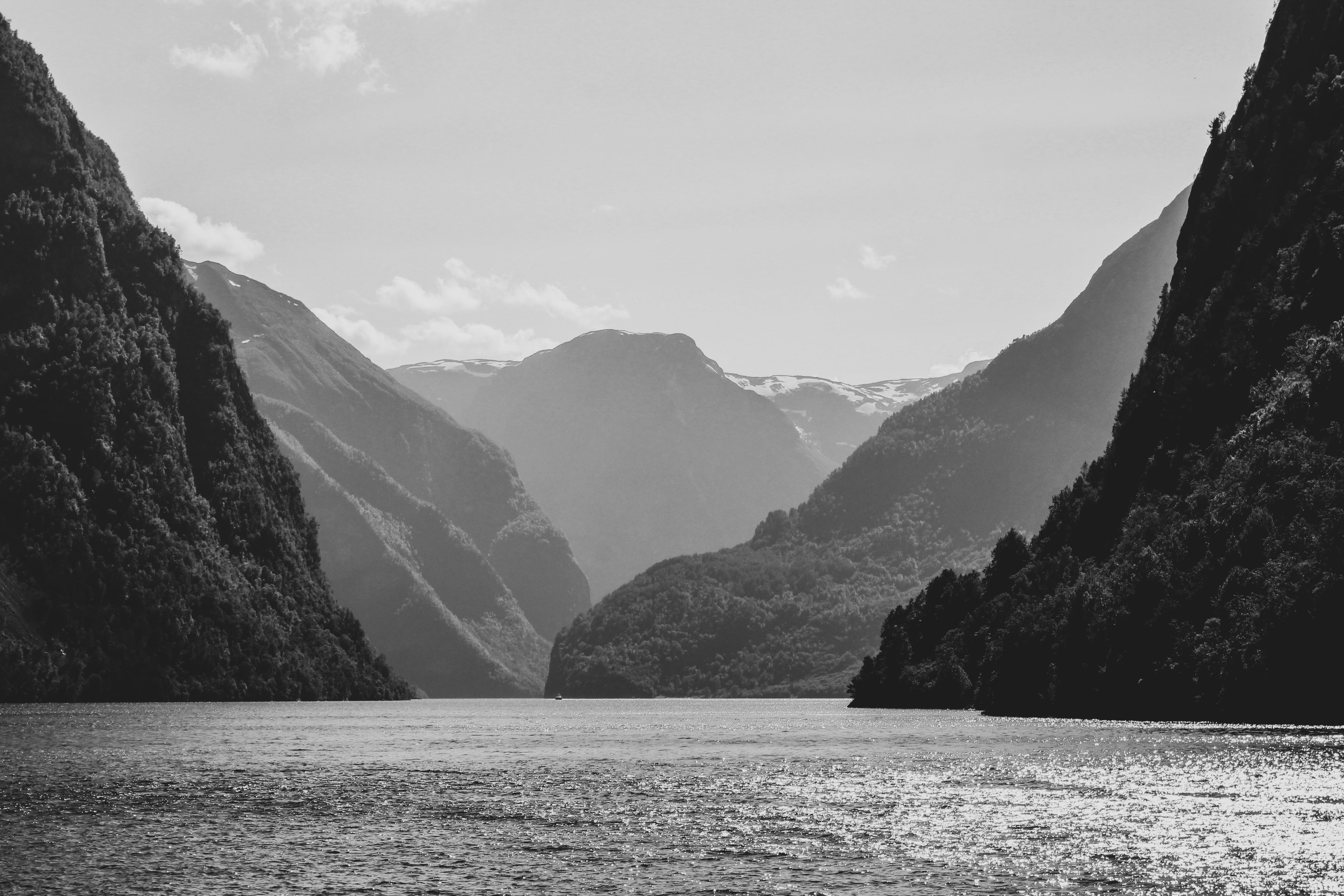 black and white, fjord, mountain, non-urban scene, landscape, outdoors, lake, hills, remote, norway, fjords, mountains, day, scenics - nature, formation, HD Wallpaper