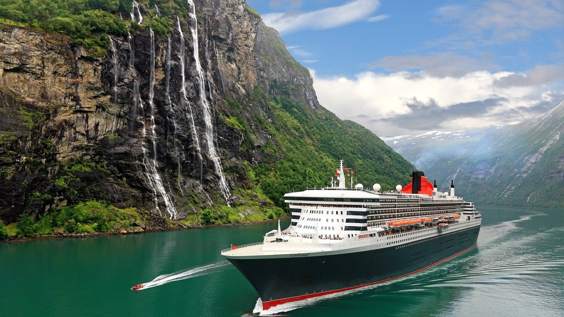 water, passenger craft, cliff, no people, rock, land, nature, nautical vessel, sky, 1080P, mode of transportation, cloud - sky, Vehicle, Mountain, Waterfall, HD Wallpaper