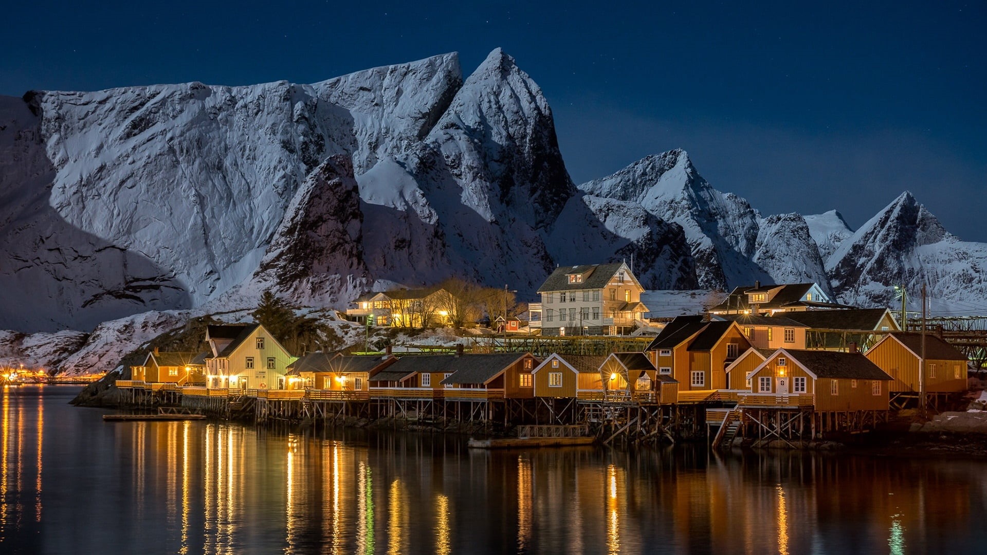 snowcapped mountain, mountain range, lofote islands, building, illuminated, winter, snow, fishing village, village, place of worship, lofoten, norway, sakrisoya, HD Wallpaper