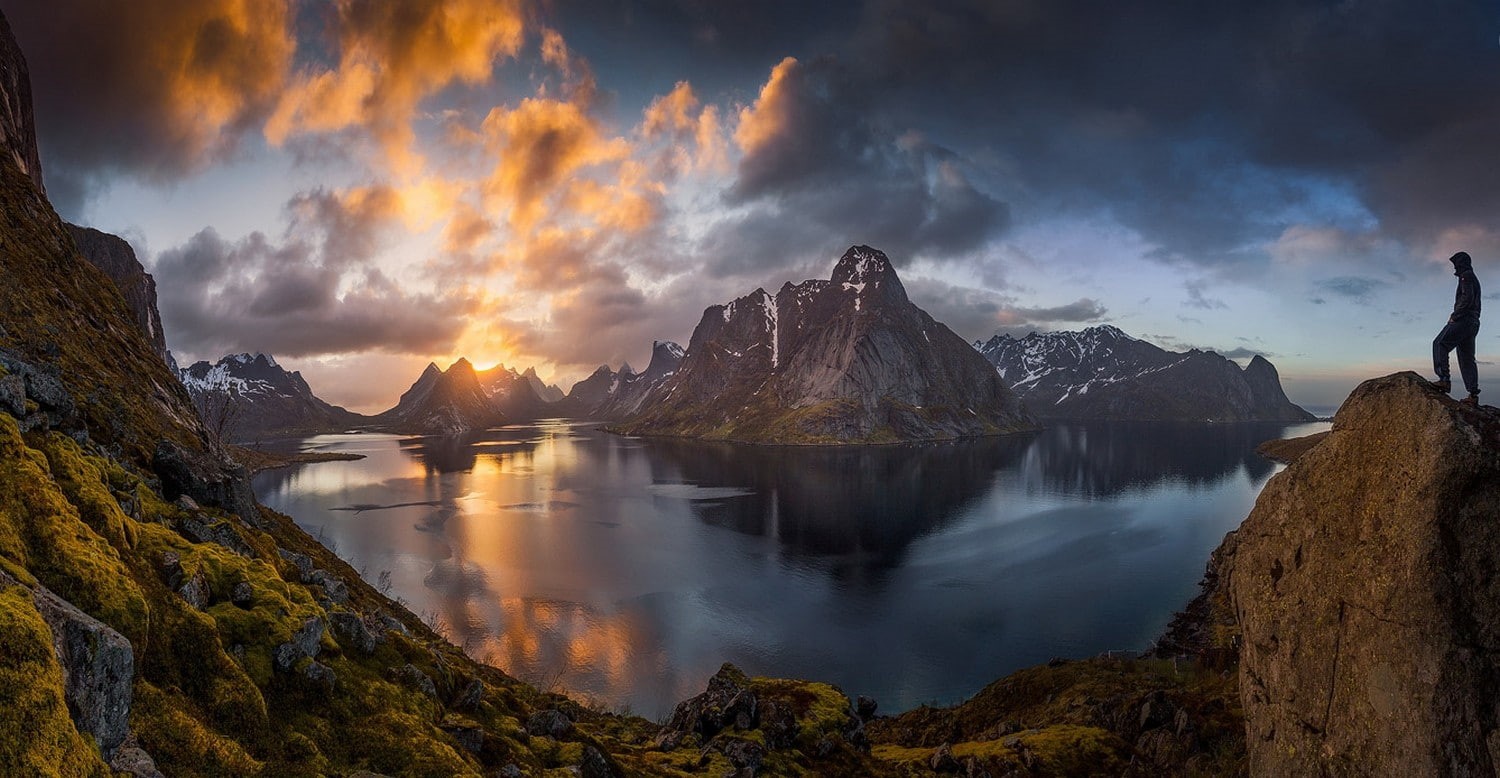 720P, outdoors, landscape, tranquil scene, sea, sky, bay, scenics - nature, mountain peak, snowy peak, land, sunset, Lofoten Islands, environment, cloud - sky, HD Wallpaper