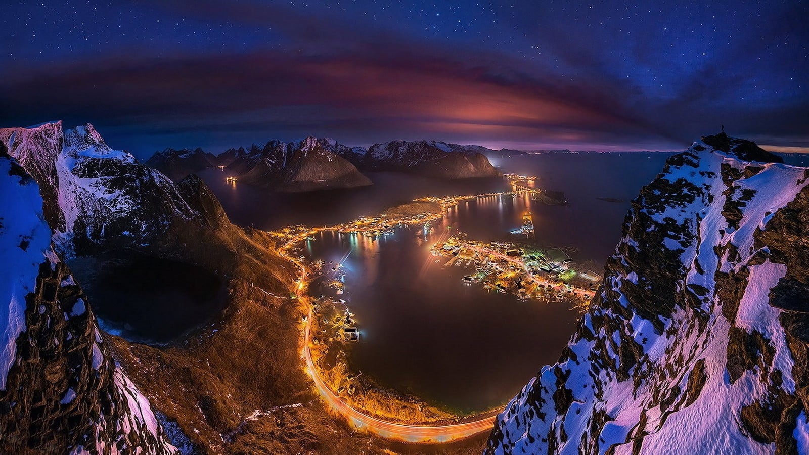 nature, outdoors, landscape, night, tourism, light - Natural Phenomenon, aerial, water, tree, 720P, environment, Lofoten, cloud - sky, clouds, china - East Asia, HD Wallpaper