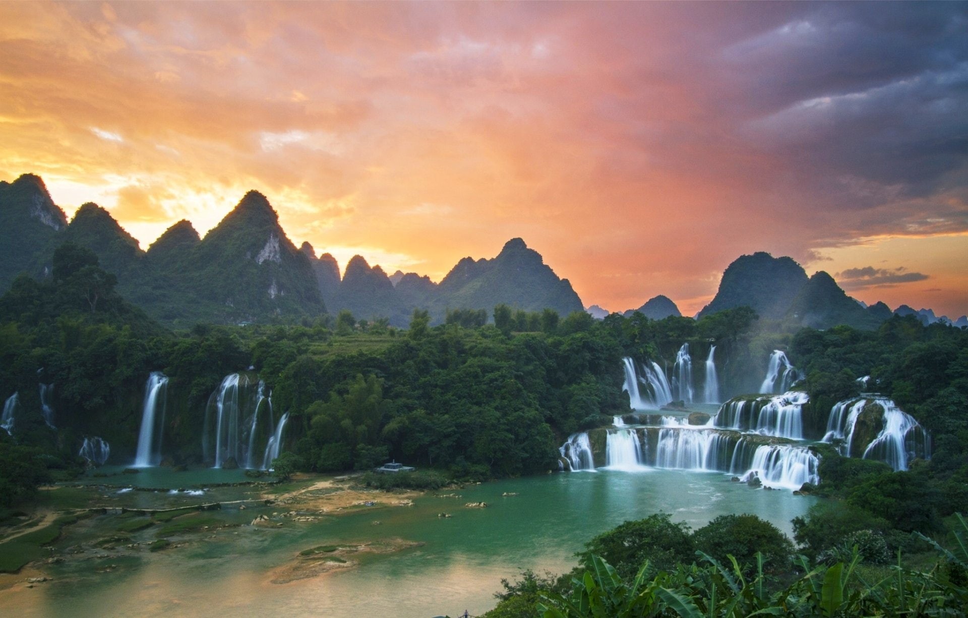 Mountain, Guichin River, Sunset, Ban Gioc–Detian Falls, Quây Sơn River, Vietnam, Detian Falls, 1080P, Waterfalls, HD Wallpaper