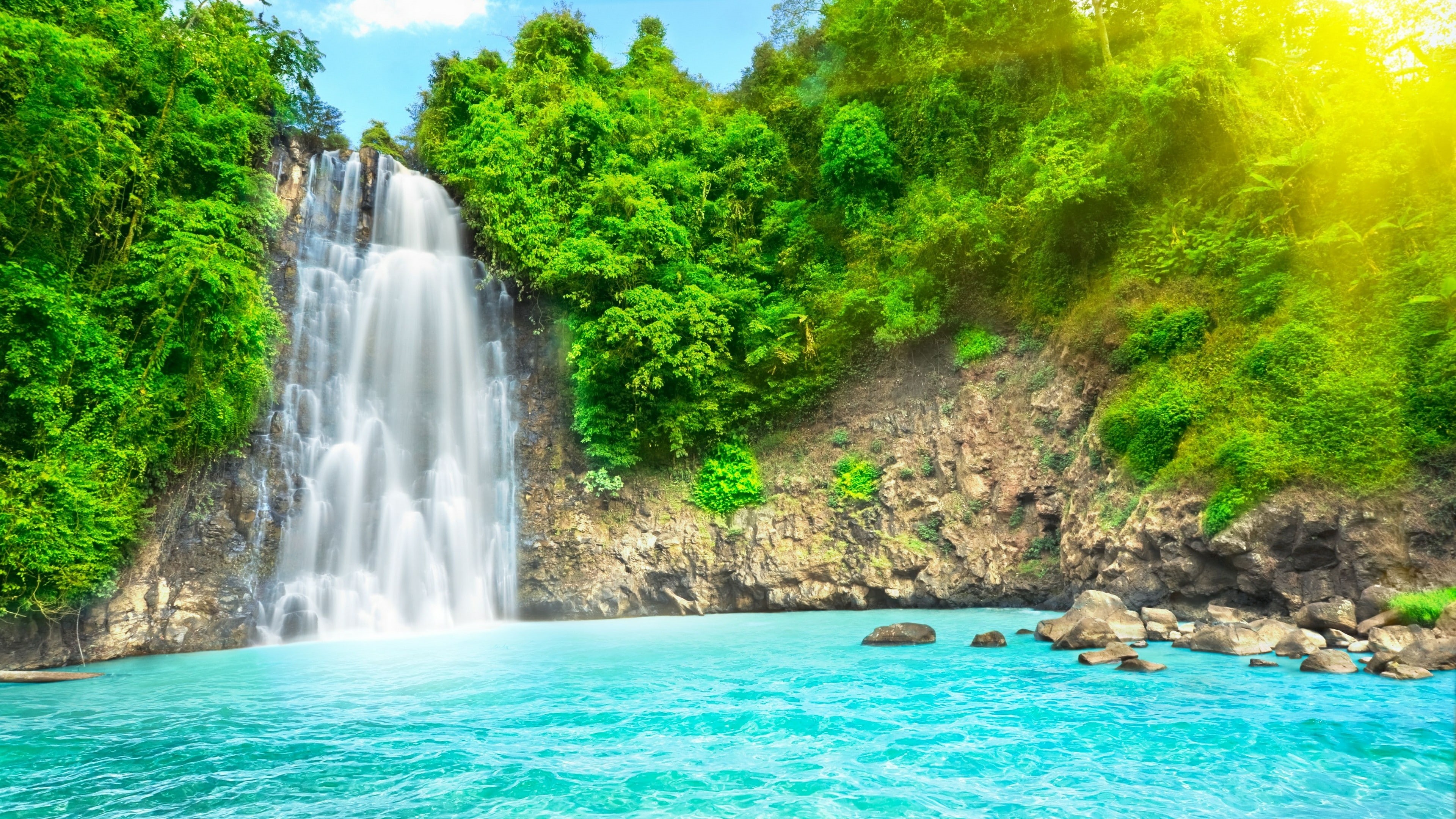 nature, bao loc, vietnam, stream, rock, sunshine, dambri waterfall, poll, water, sunlight, sunny, tree, 4K, waterfall, body of water, sun, dalat, landscape, HD Wallpaper