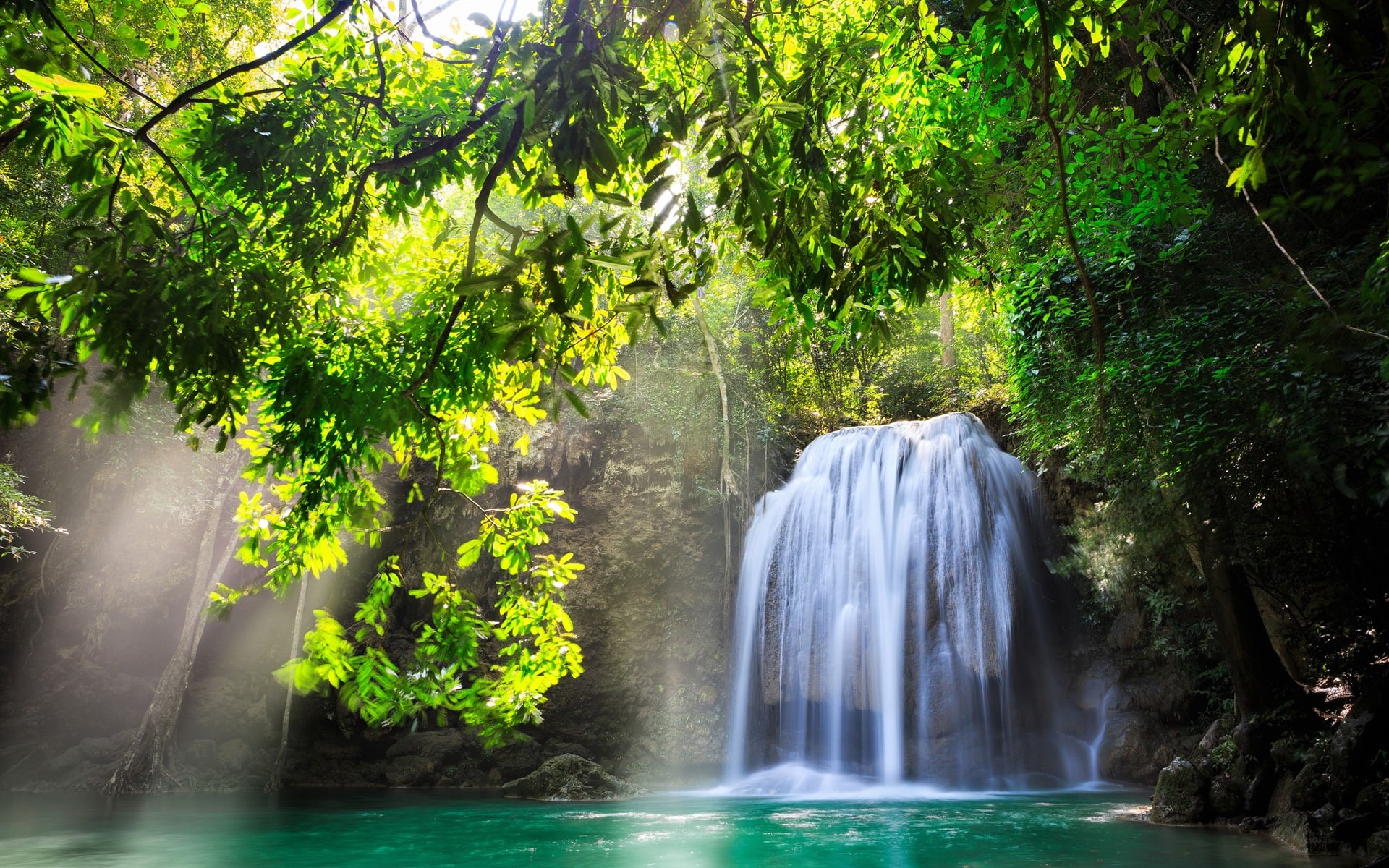 Waterfall, 1080P, Water, Sunlight, Thailand, Trees, Nature, Kanchanaburi, HD Wallpaper