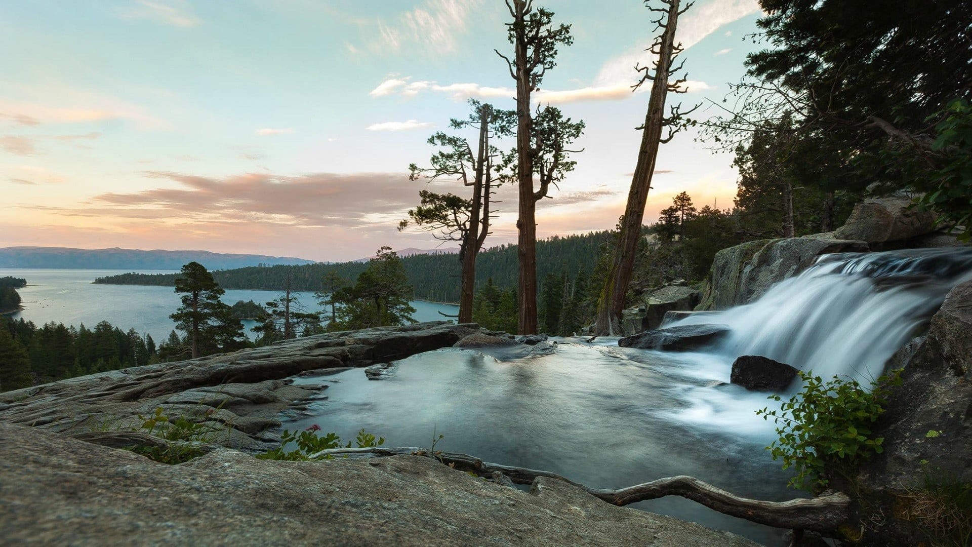 tranquility, beauty in nature, power in nature, land, non-urban scene, outdoors, water, flowing, sky, plant, Lake Tahoe, cloud - sky, trees, lapse, time, HD Wallpaper