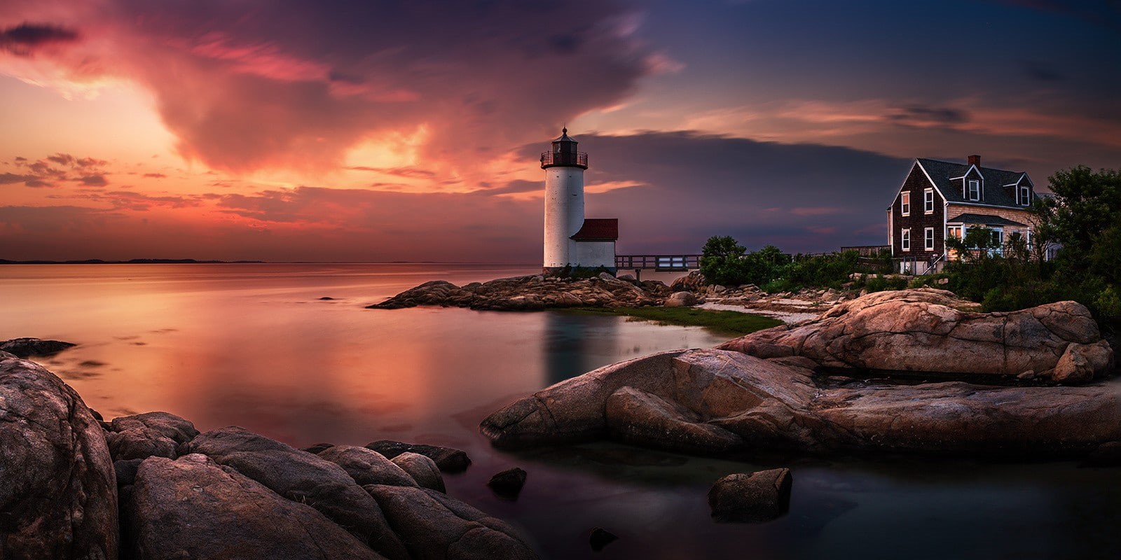lighthouse, sky, Massachusetts, sea, long exposure, landscape, 720P, nature, sunset, clouds, coast, HD Wallpaper