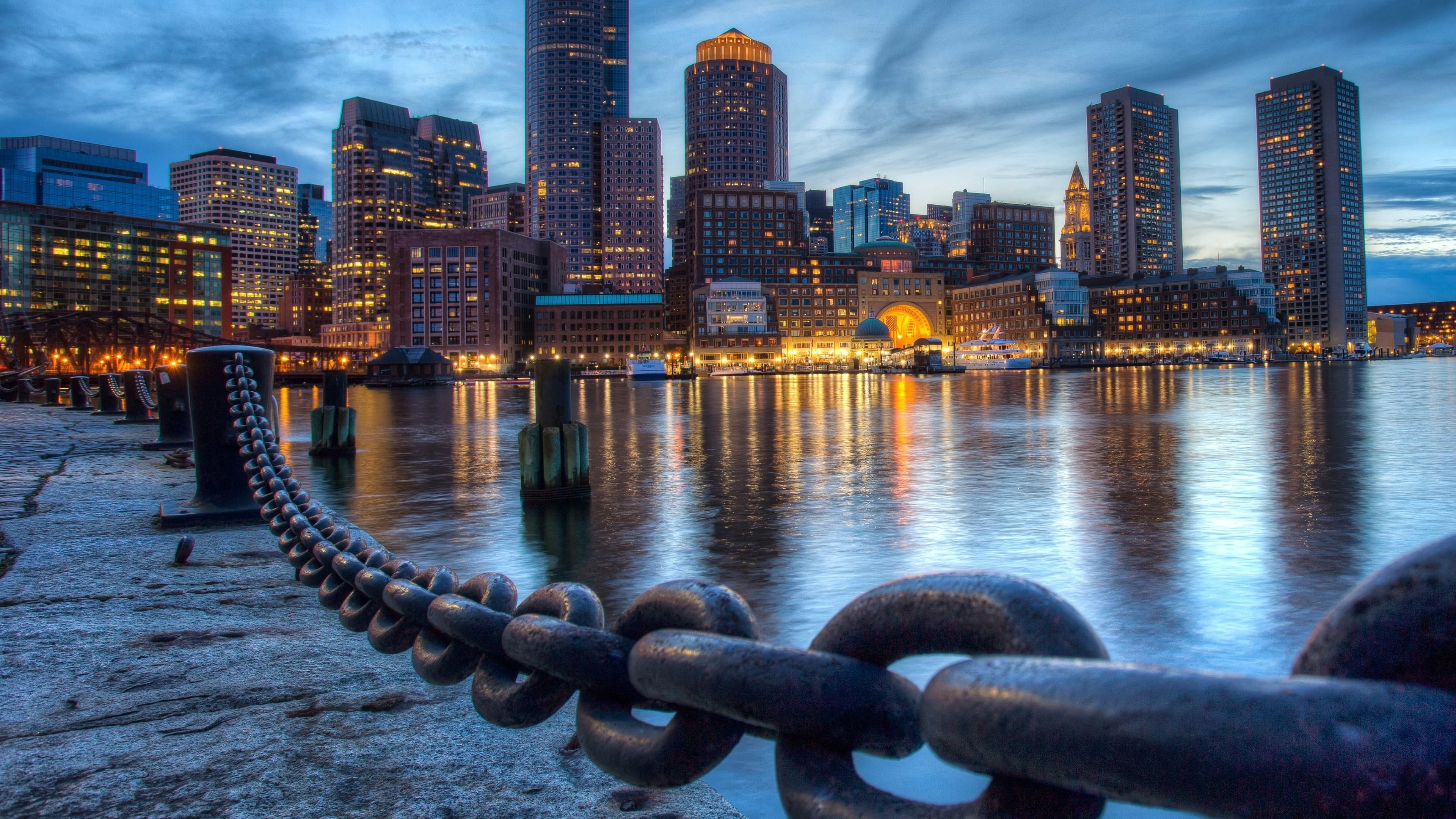 river, outdoors, financial district, dusk, water, nature, illuminated, urban skyline, city lights, usa, massachusetts, sky, no people, office building exterior, HD Wallpaper