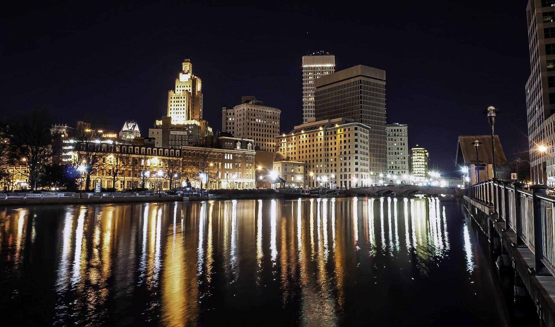 night time, waterfront, island, bridge - Man Made Structure, tall - high, cityscape, sky, financial district, uSA, famous Place, building, architecture, HD Wallpaper