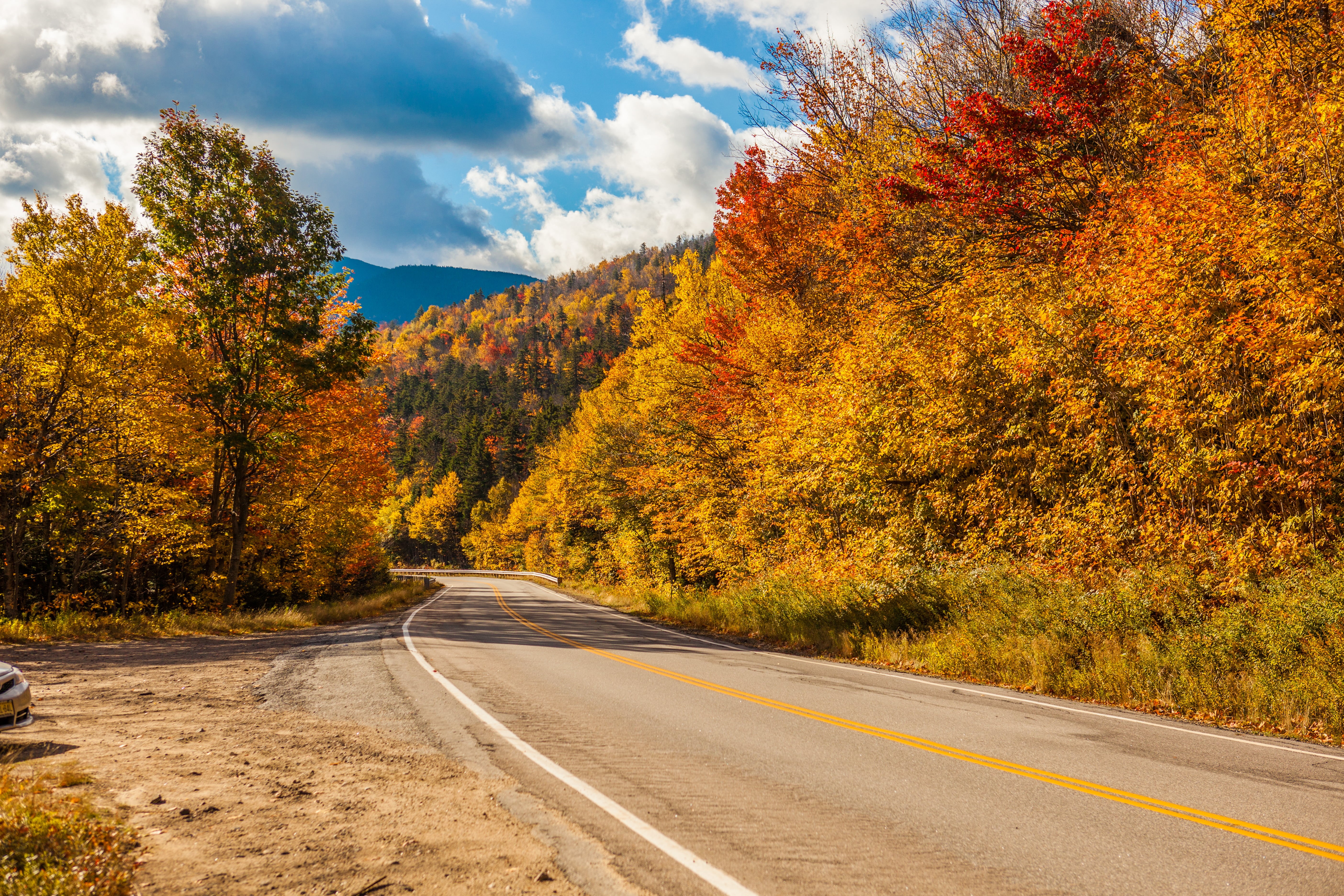 New Hampshire, trees, gray, road, forest, Connecticut, leaf, Maine, yellow, cloudy, nature, tree, 5K, Fall Foliage, sky, brown, Vermont, travel, leaved, HD Wallpaper
