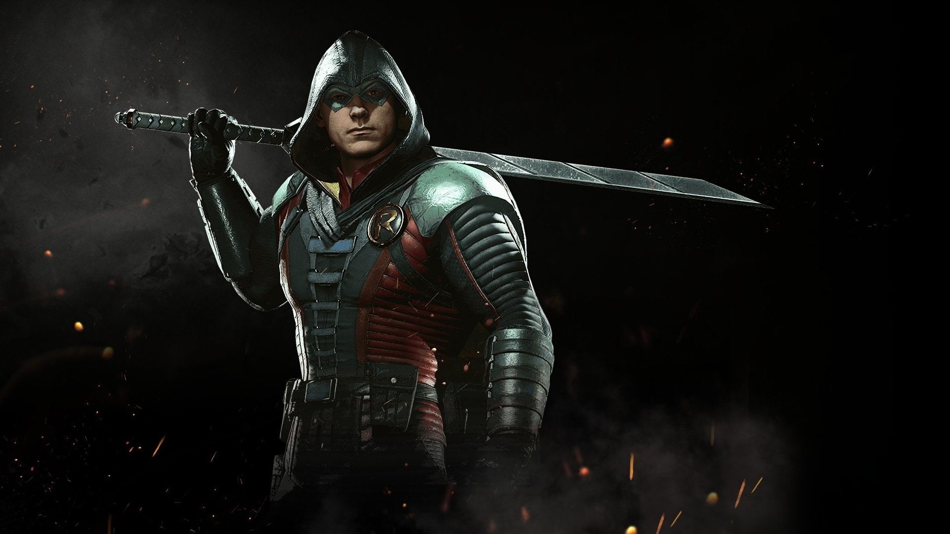 hood, Injustice 2, one person, 1080P, Robin (DC Comics), weapon, portrait, young adult, waist up, black background, men, clothing, hood - clothing, front view, HD Wallpaper