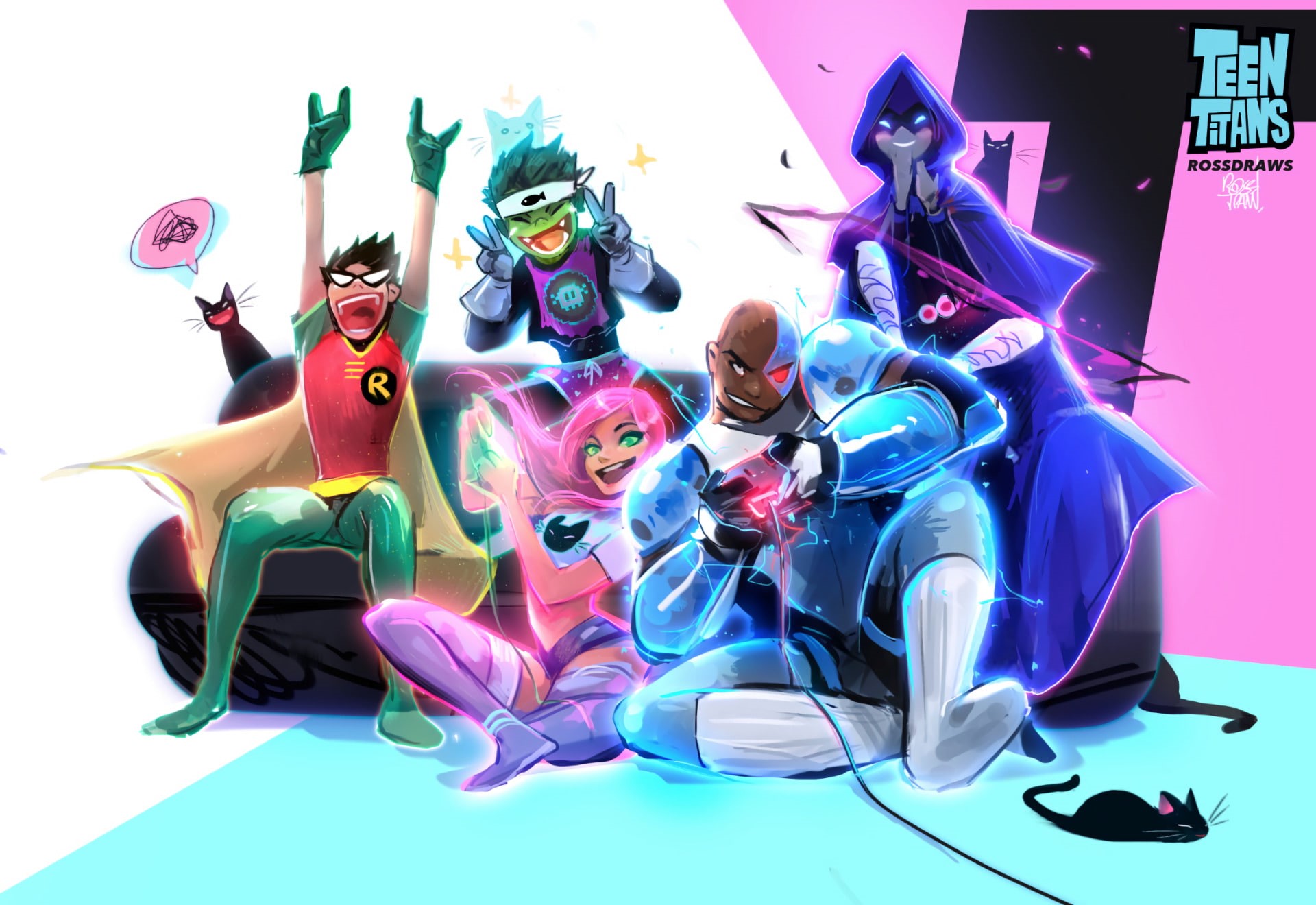 Bold, Robin (DC Comics), Pink Hair, Black Hair, Hood, Smile, Green Eyes, DC Comics, 1080P, Starfire (DC Comics), Raven (DC Comics), Teen Titans, Beast Boy, HD Wallpaper