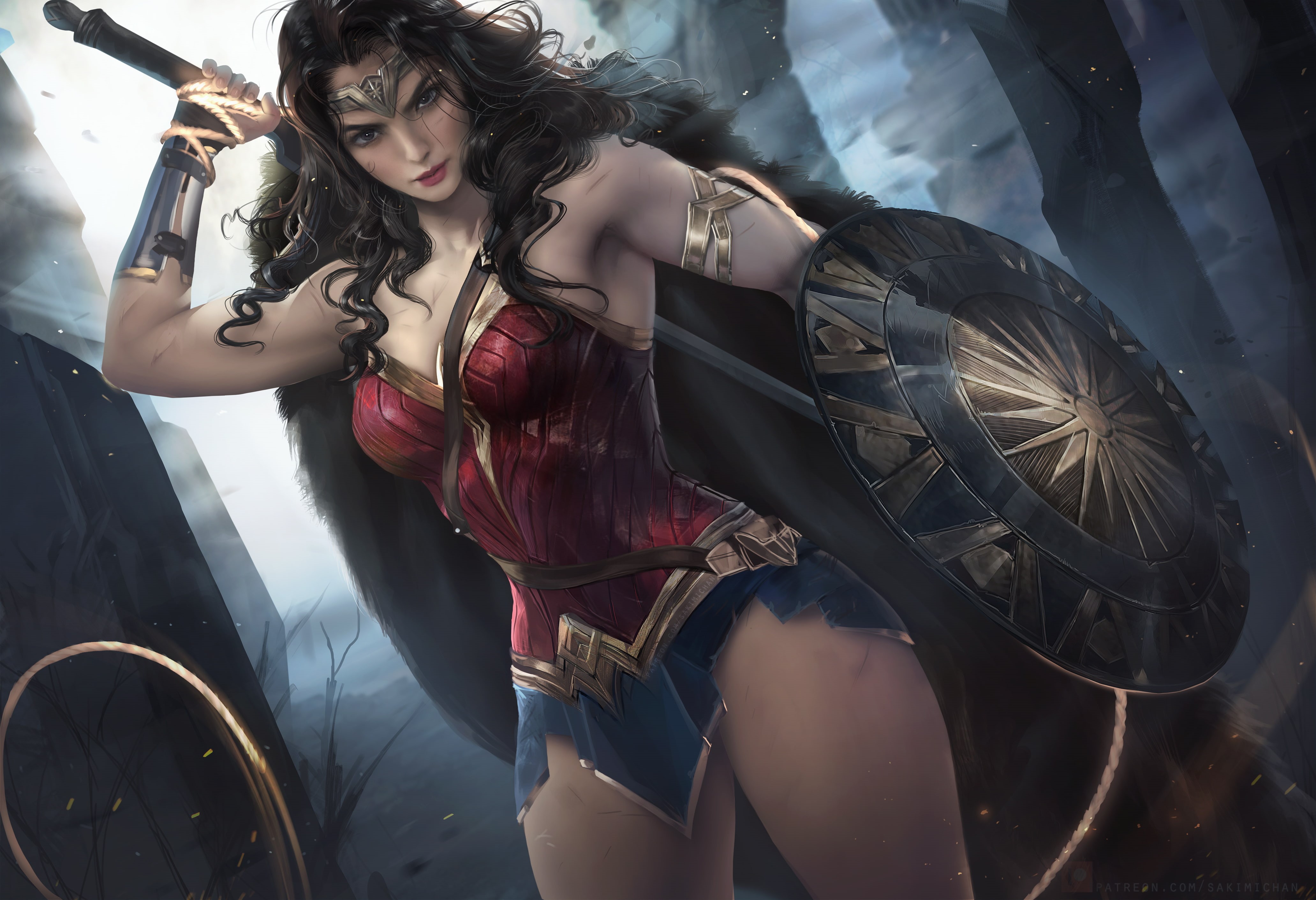 movies, 4K, Thighs, Dceu, digital art, DC Comics, corset, artwork, shield, Whips, Sakimichan, cleavage, women, Miniskirt, Wonder Woman, Justice League, HD Wallpaper