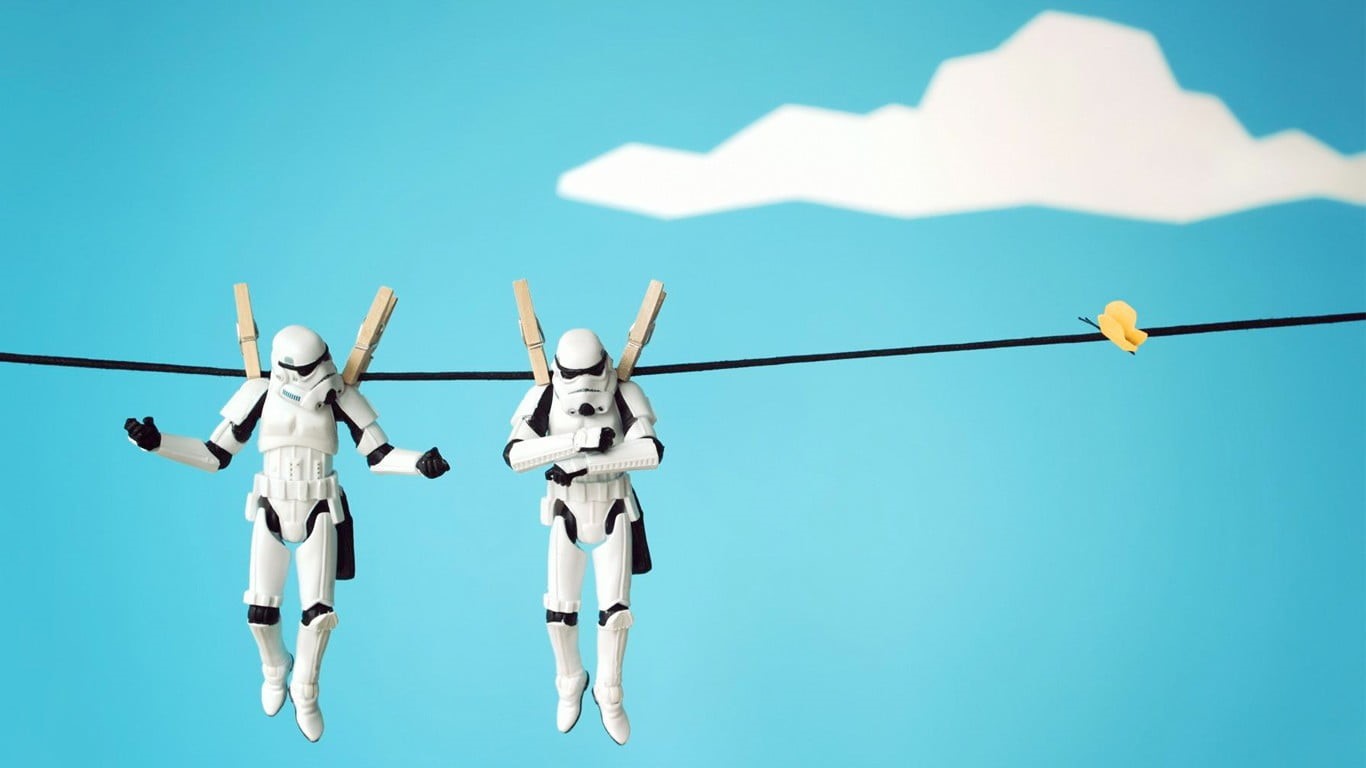 two, clothesline, cable, toys, rope, sunny, clothespin, side by side, in a row, low angle view, blue, day, metal, stormtrooper, figures, sunlight, action, HD Wallpaper