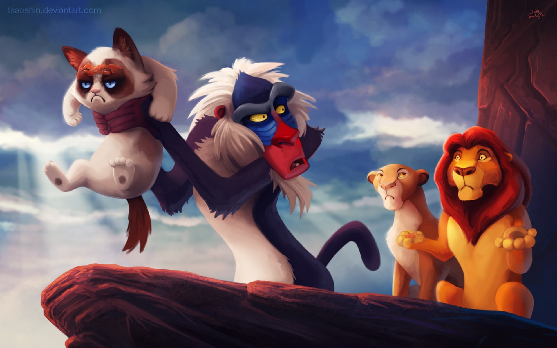 Grumpy Cat, Rafiki, cat, memes, humor, 1080P, soft shading, The Lion King, HD Wallpaper