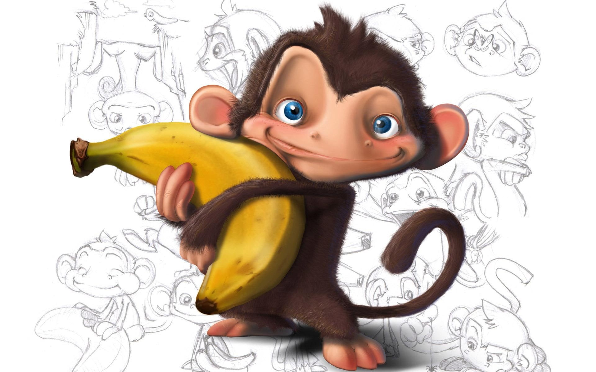 holding, 1080P, yellow, funny, illustration, 1920x1200, monkey, banana, HD Wallpaper