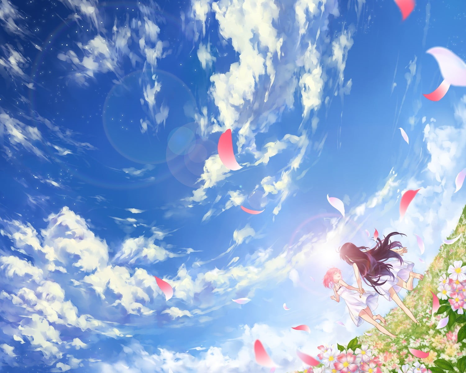 cloud - sky, Mahou Shoujo Madoka Magica, nature, fragility, plant, sunlight, growth, freshness, no people, outdoors, animal, flying, Akemi Homura, flower, HD Wallpaper