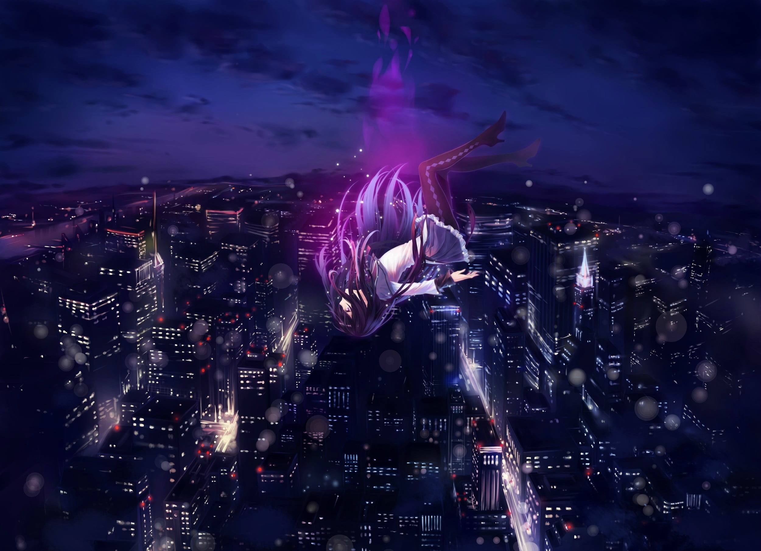 skyscraper, Akemi Homura, night, motion, illuminated, arts culture and entertainment, character, haired, anime, female, architecture, nightlife, glowing, HD Wallpaper