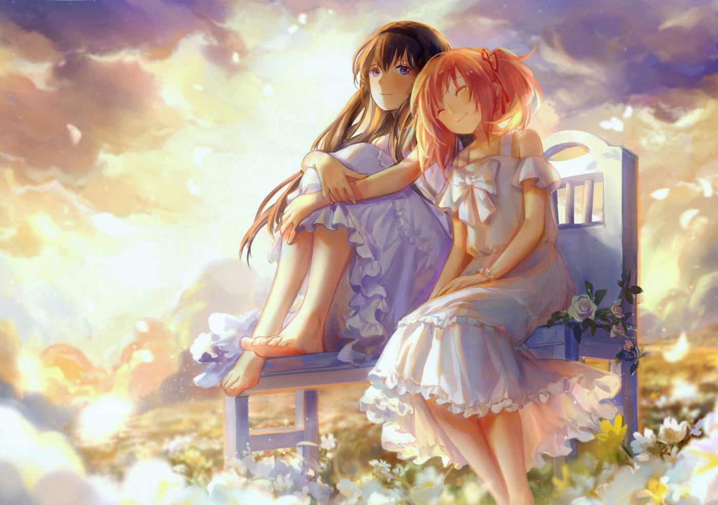 fashion, Kaname Madoka, leisure activity, cloud - sky, real people, lifestyles, teenager, beautiful woman, nature, young adult, bench, two, characters, HD Wallpaper