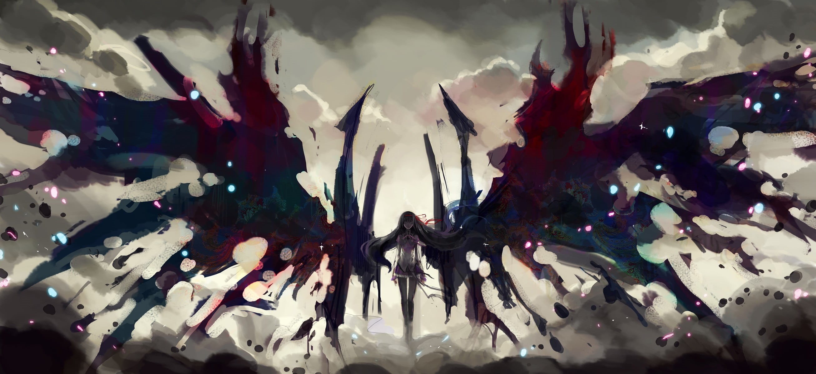2K, wings, Akemi Homura, sky, arts culture and entertainment, Mahou Shoujo Madoka Magica, cloud - sky, vector, red, blue, computer Graphic, HD Wallpaper